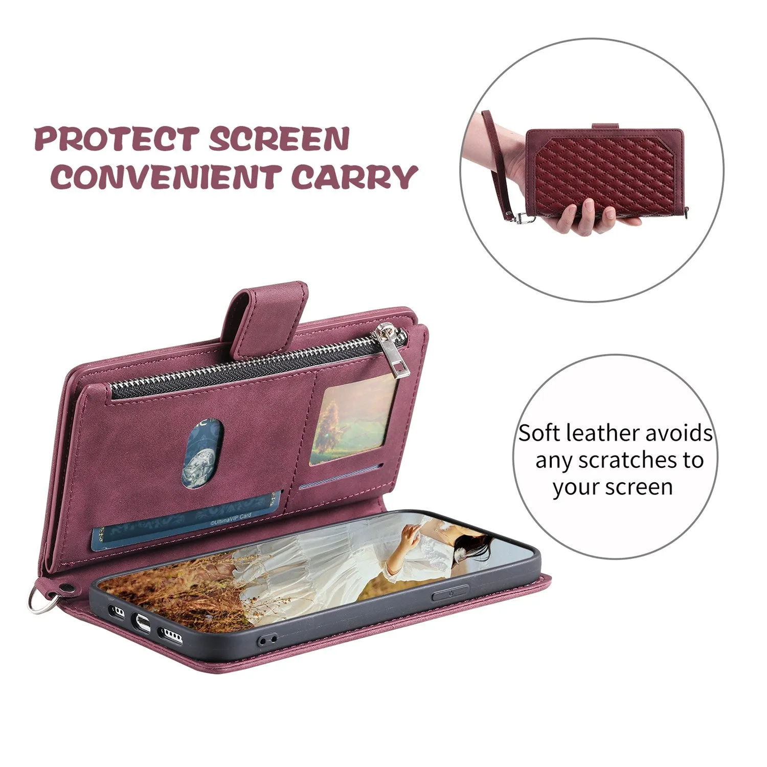 005 Style for Samsung Galaxy S21 FE 5G Rhombus Texture Anti-drop Phone Case PU Leather Zipper Pocket Stand Wallet Cover with Wrist Strap