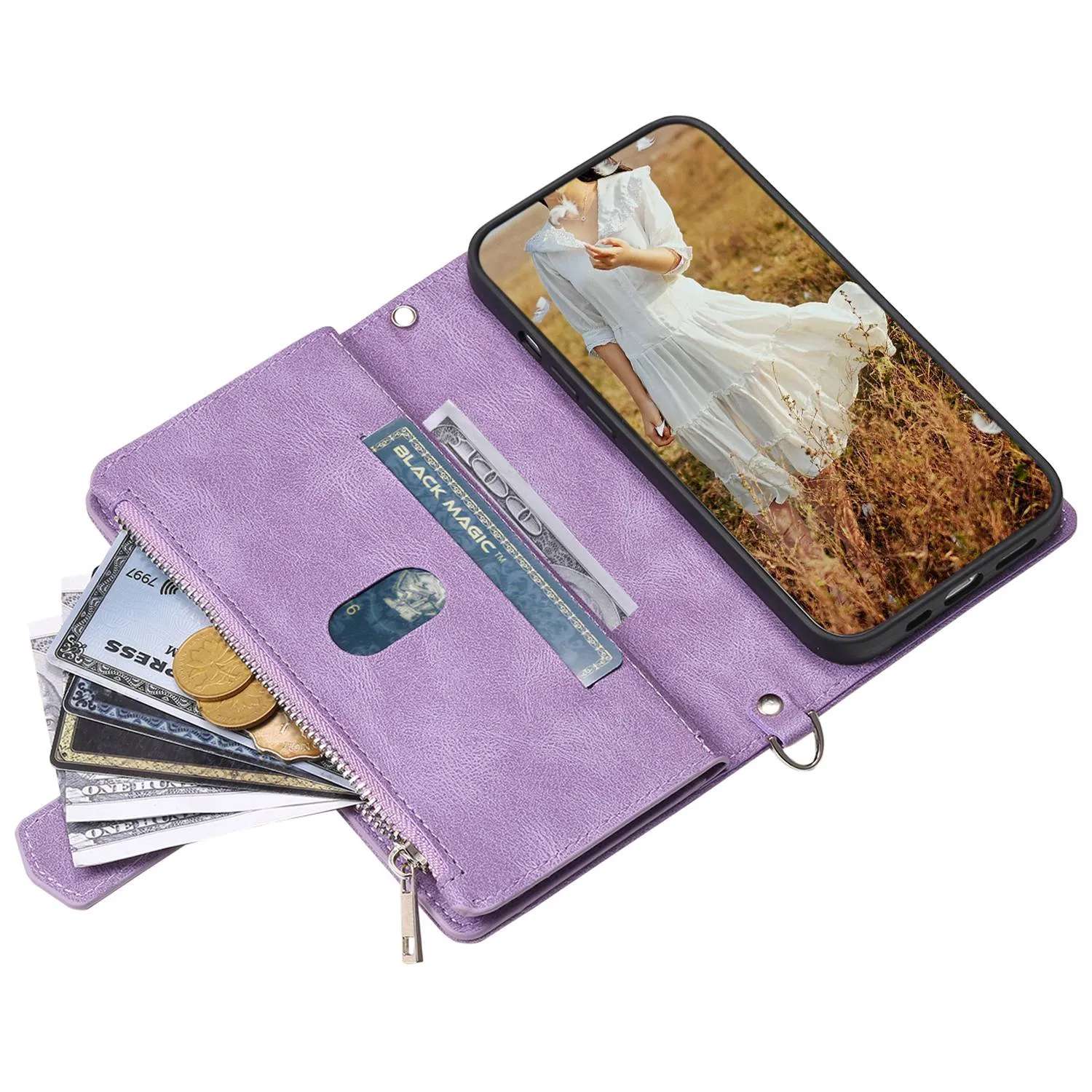 005 Style for Samsung Galaxy S21 FE 5G Rhombus Texture Anti-drop Phone Case PU Leather Zipper Pocket Stand Wallet Cover with Wrist Strap