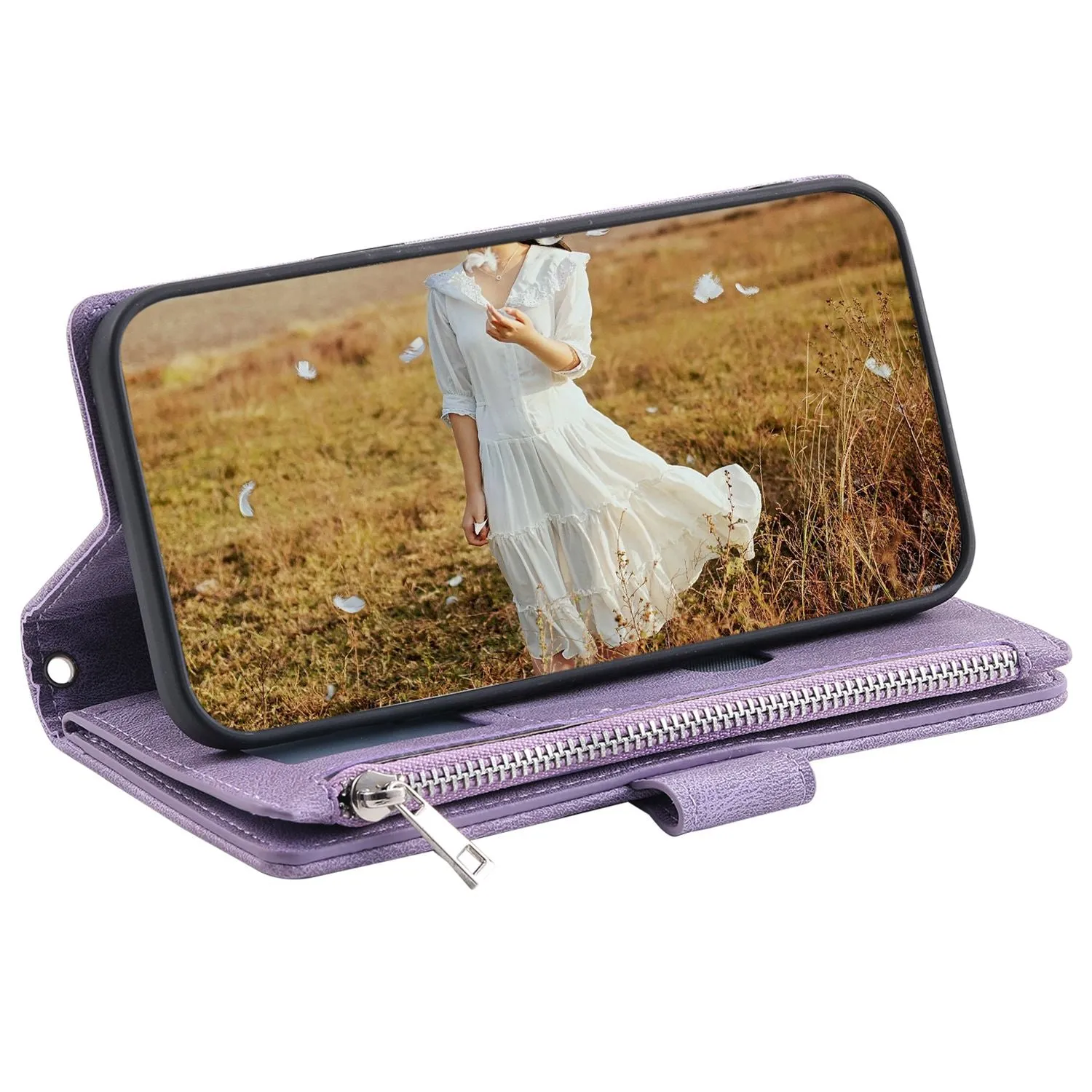 005 Style for Samsung Galaxy S21 FE 5G Rhombus Texture Anti-drop Phone Case PU Leather Zipper Pocket Stand Wallet Cover with Wrist Strap