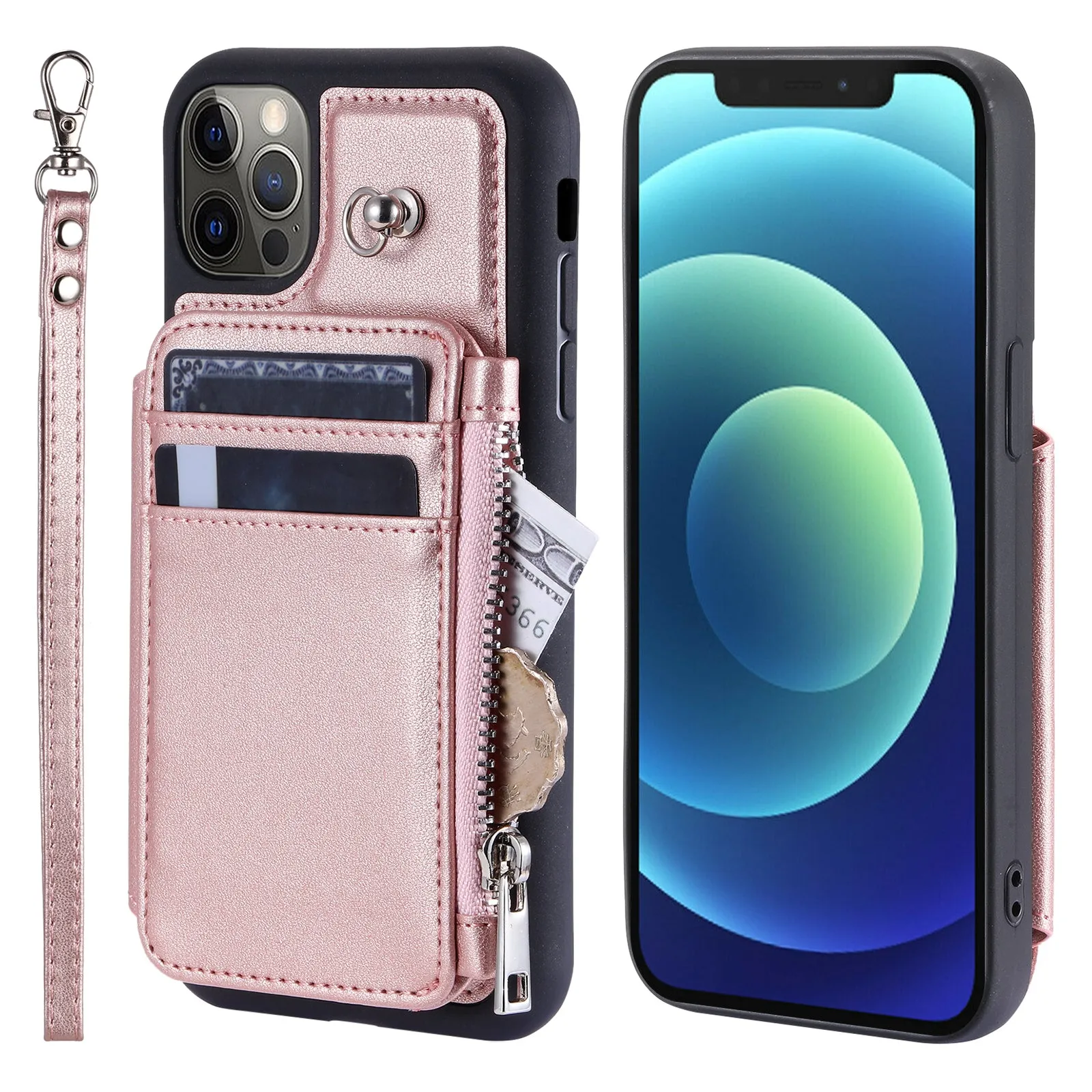 009 Phone Case for iPhone 12 / 12 Pro 6.1 inch , RFID Blocking PU TPU Cover Kickstand Zipper Wallet Shell with Strap