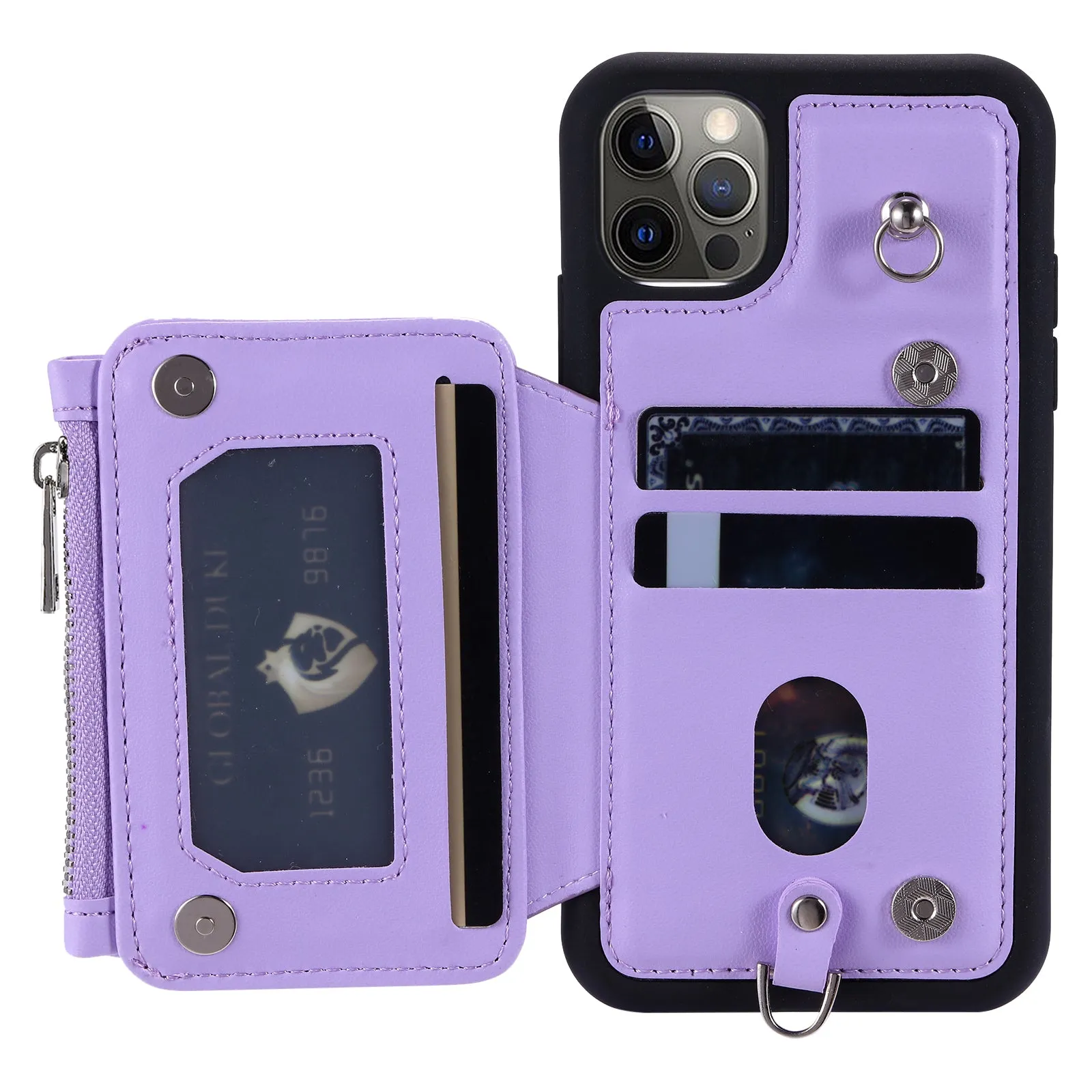009 Phone Case for iPhone 12 / 12 Pro 6.1 inch , RFID Blocking PU TPU Cover Kickstand Zipper Wallet Shell with Strap
