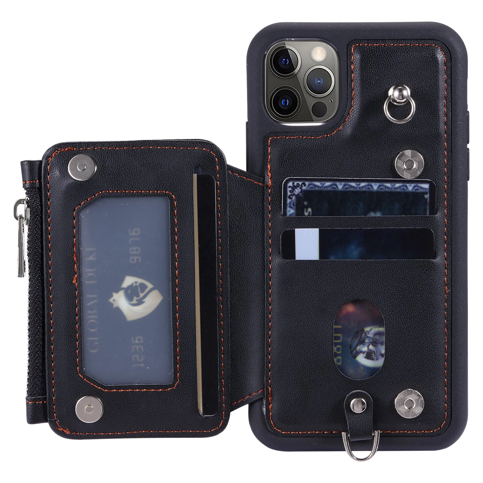 009 Phone Case for iPhone 12 / 12 Pro 6.1 inch , RFID Blocking PU TPU Cover Kickstand Zipper Wallet Shell with Strap