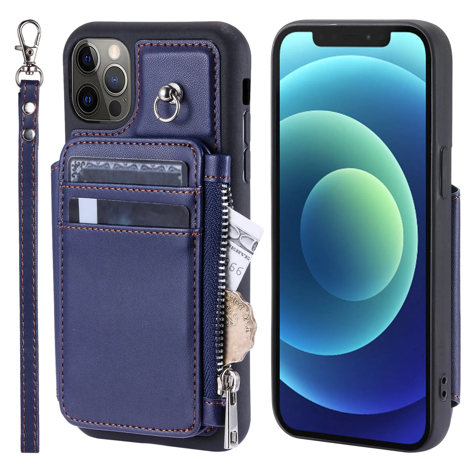 009 Phone Case for iPhone 12 / 12 Pro 6.1 inch , RFID Blocking PU TPU Cover Kickstand Zipper Wallet Shell with Strap