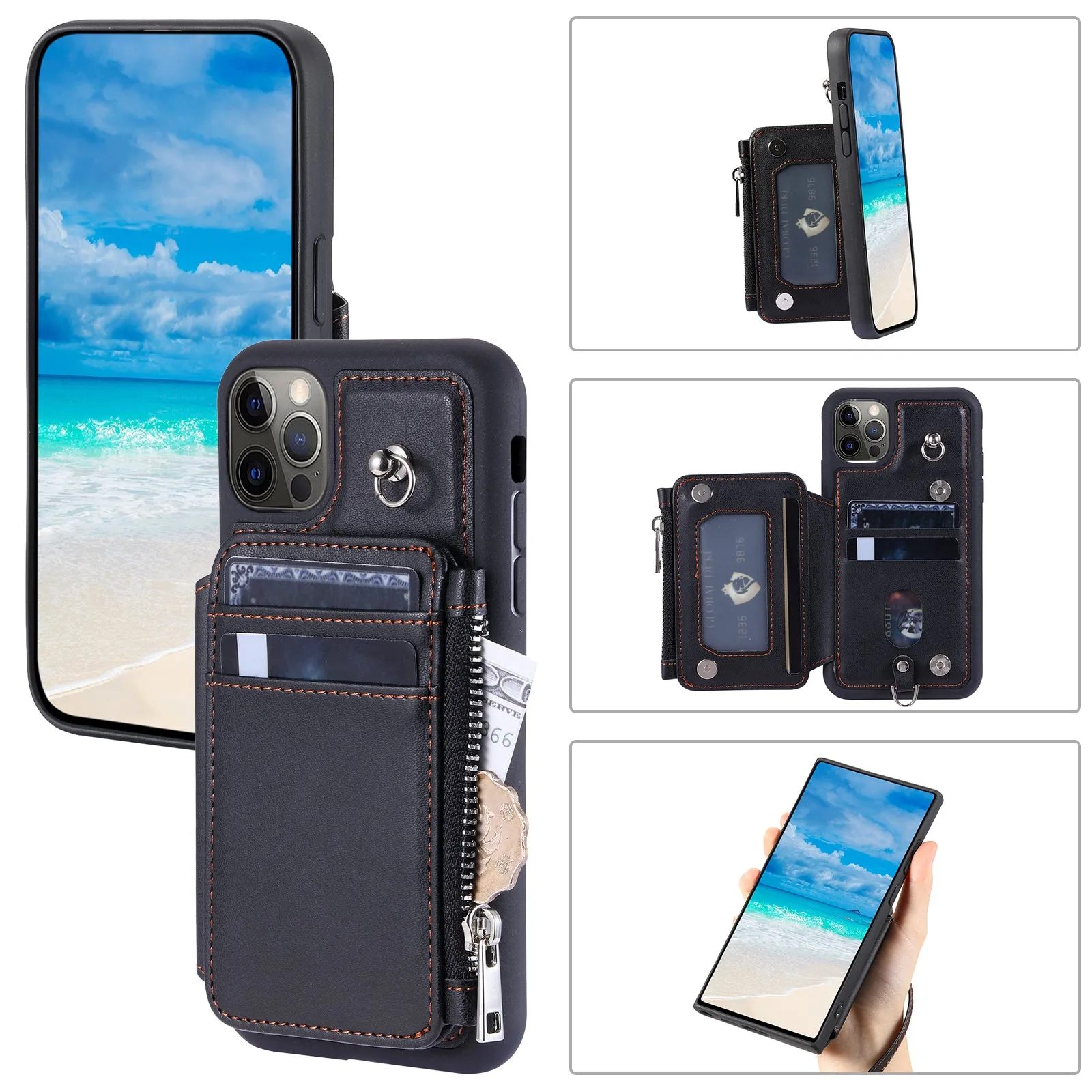 009 Phone Case for iPhone 12 / 12 Pro 6.1 inch , RFID Blocking PU TPU Cover Kickstand Zipper Wallet Shell with Strap