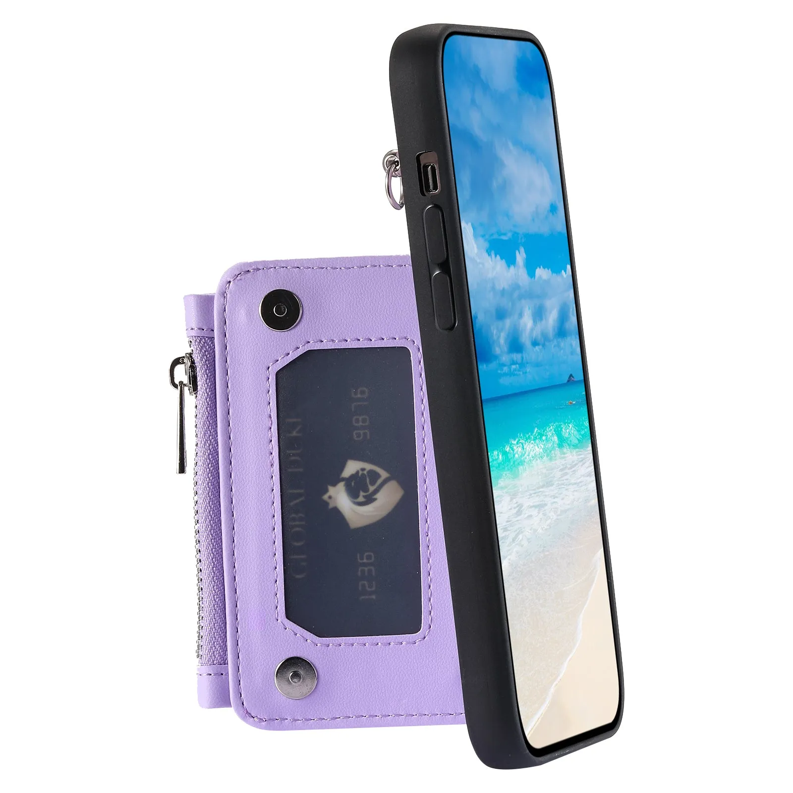 009 Phone Case for iPhone 12 / 12 Pro 6.1 inch , RFID Blocking PU TPU Cover Kickstand Zipper Wallet Shell with Strap
