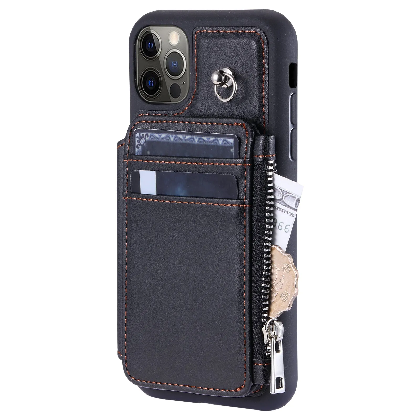 009 Phone Case for iPhone 12 / 12 Pro 6.1 inch , RFID Blocking PU TPU Cover Kickstand Zipper Wallet Shell with Strap