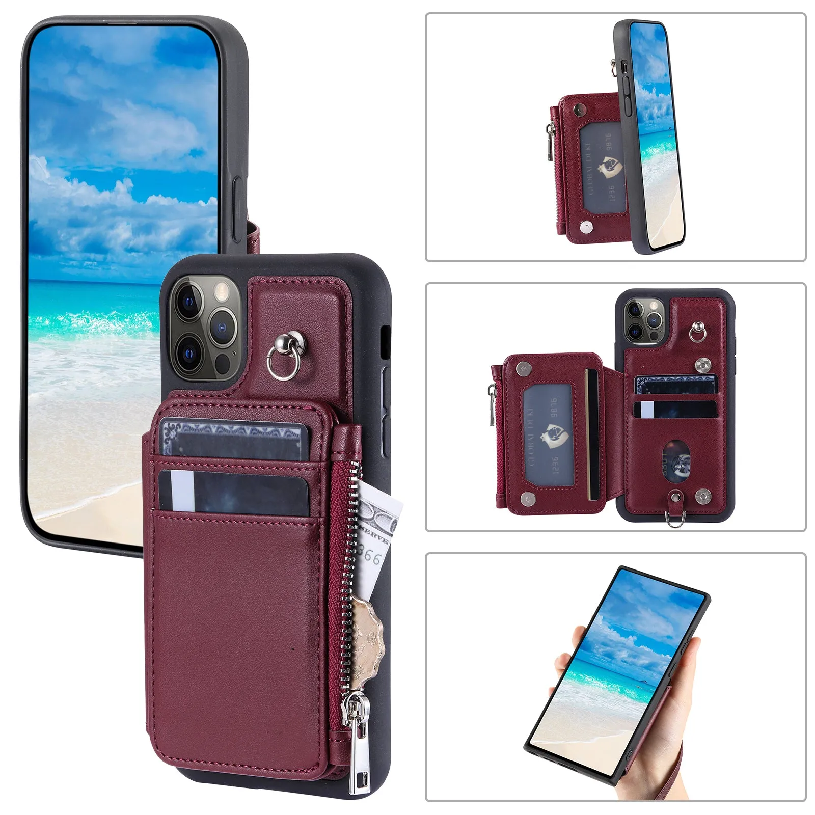 009 Phone Case for iPhone 12 / 12 Pro 6.1 inch , RFID Blocking PU TPU Cover Kickstand Zipper Wallet Shell with Strap