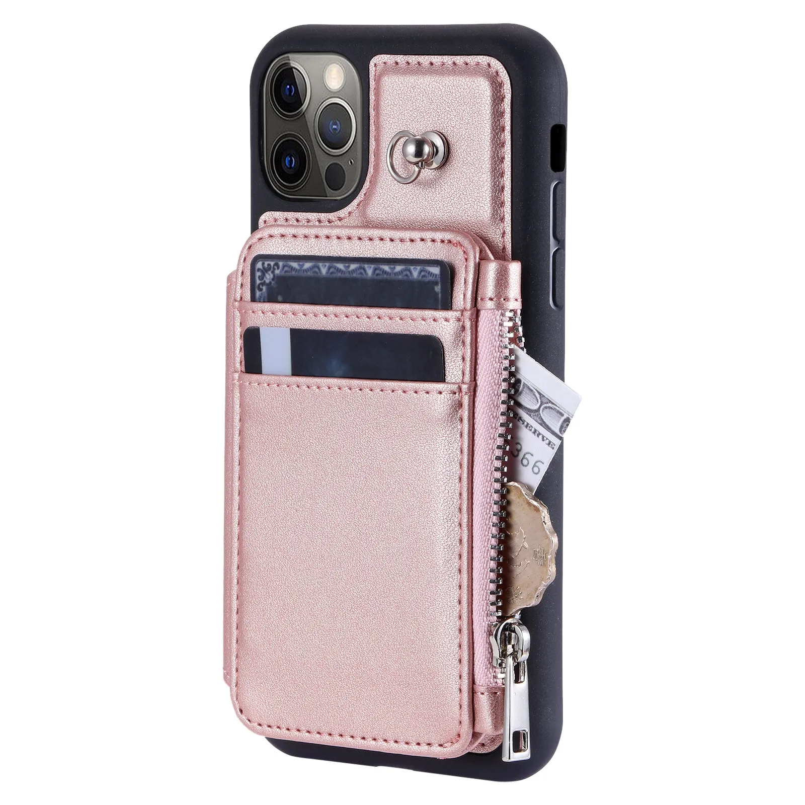 009 Phone Case for iPhone 12 / 12 Pro 6.1 inch , RFID Blocking PU TPU Cover Kickstand Zipper Wallet Shell with Strap