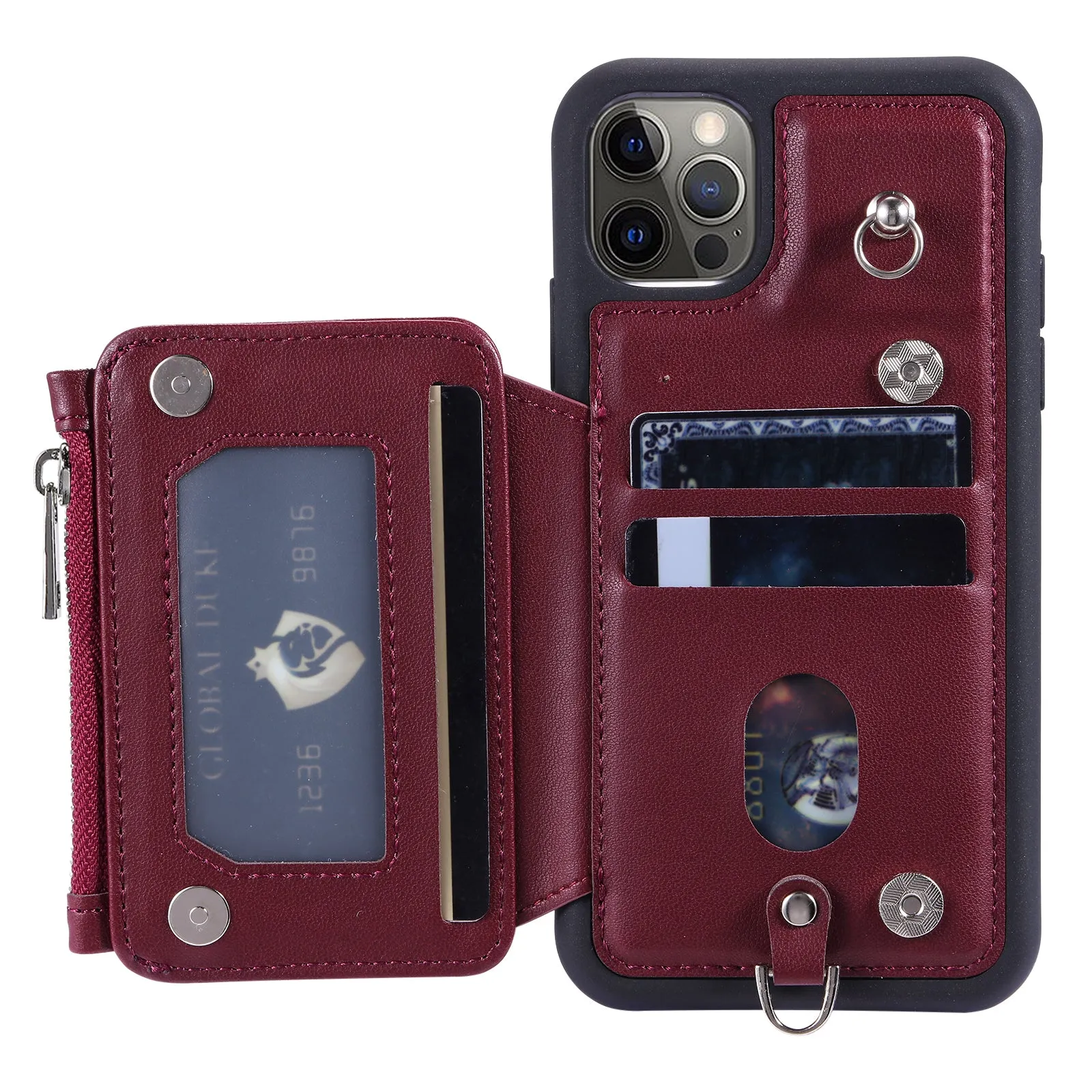 009 Phone Case for iPhone 12 / 12 Pro 6.1 inch , RFID Blocking PU TPU Cover Kickstand Zipper Wallet Shell with Strap