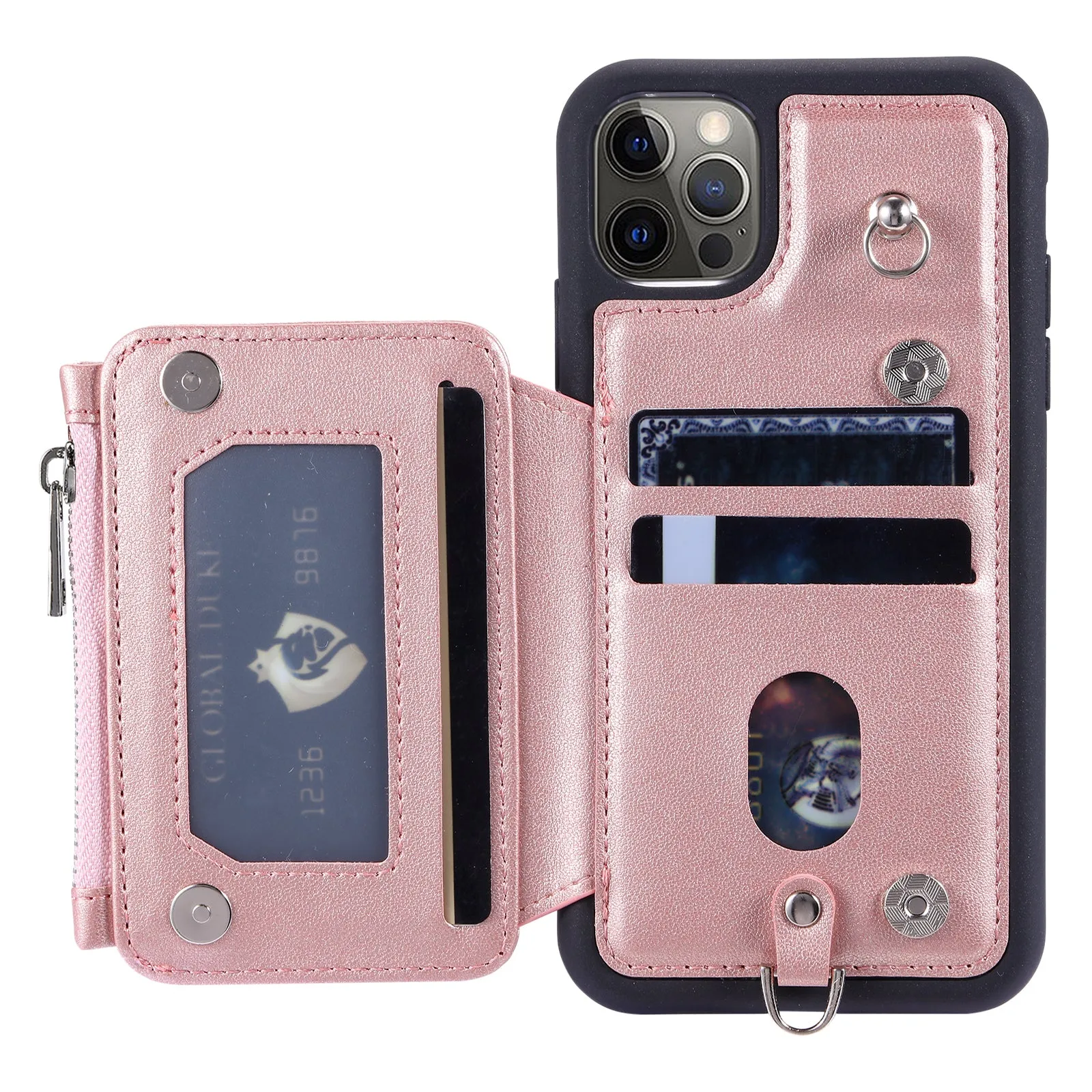 009 Phone Case for iPhone 12 / 12 Pro 6.1 inch , RFID Blocking PU TPU Cover Kickstand Zipper Wallet Shell with Strap