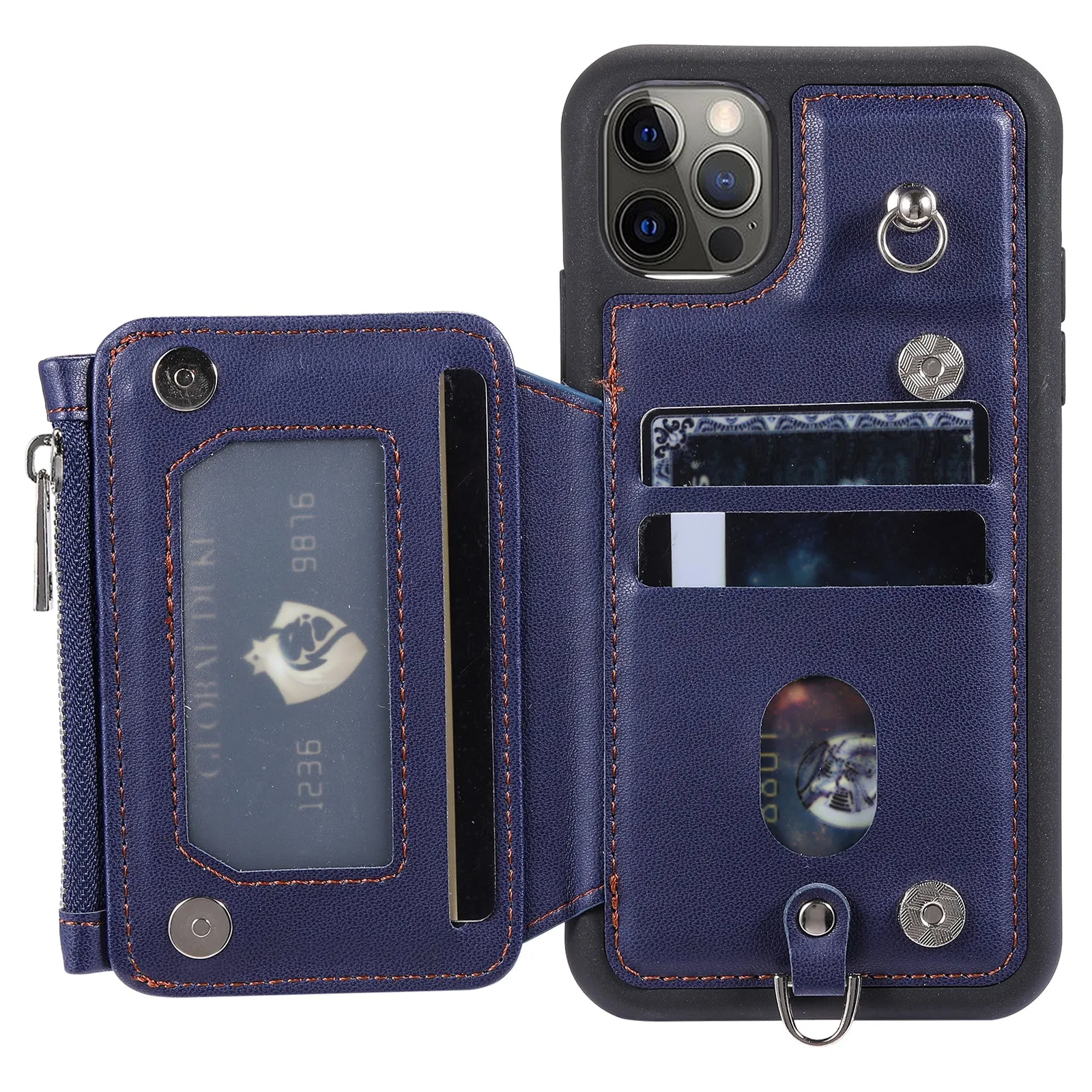009 Phone Case for iPhone 12 / 12 Pro 6.1 inch , RFID Blocking PU TPU Cover Kickstand Zipper Wallet Shell with Strap