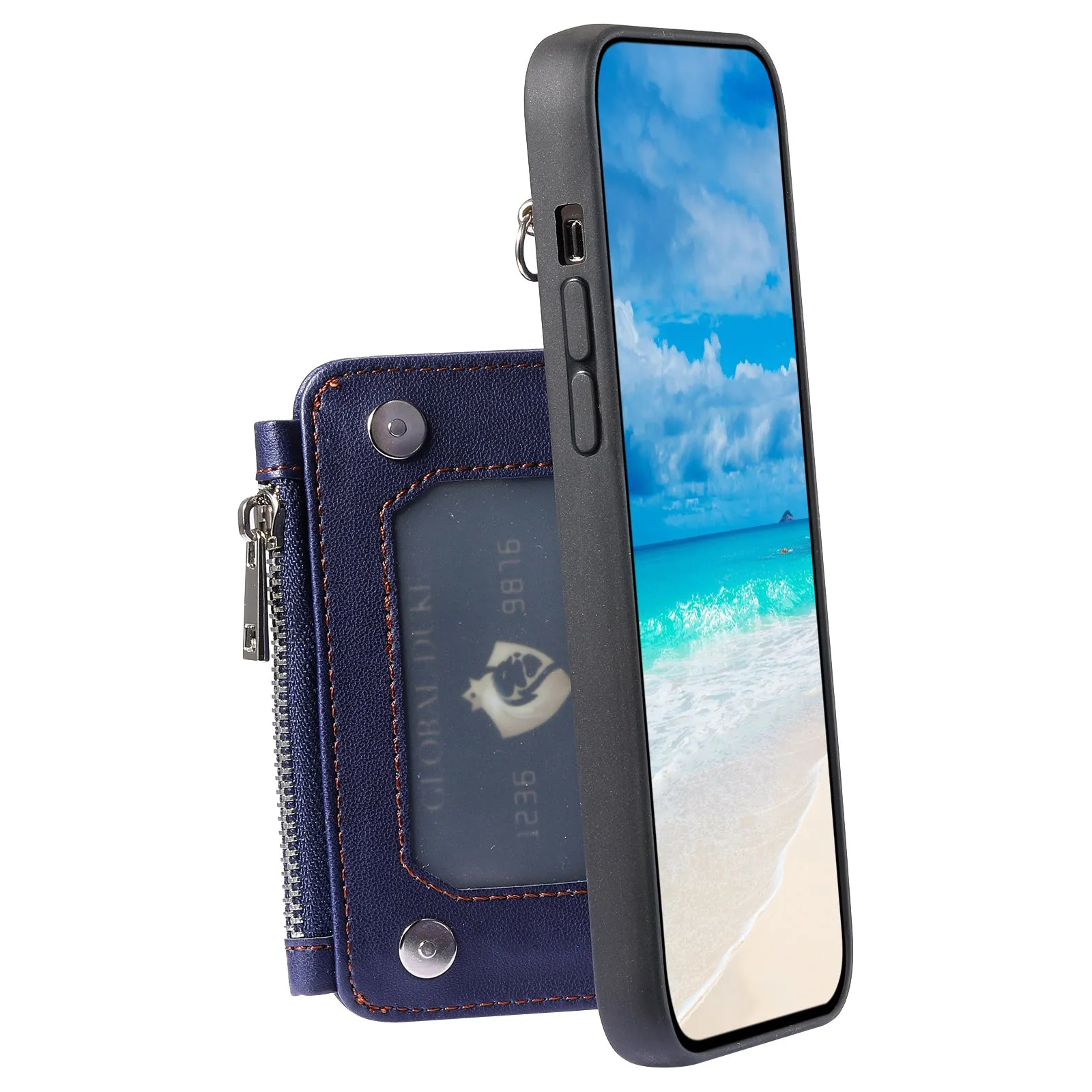 009 Phone Case for iPhone 12 / 12 Pro 6.1 inch , RFID Blocking PU TPU Cover Kickstand Zipper Wallet Shell with Strap