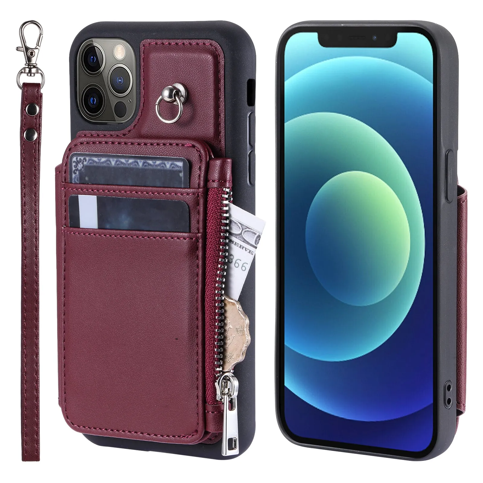 009 Phone Case for iPhone 12 / 12 Pro 6.1 inch , RFID Blocking PU TPU Cover Kickstand Zipper Wallet Shell with Strap