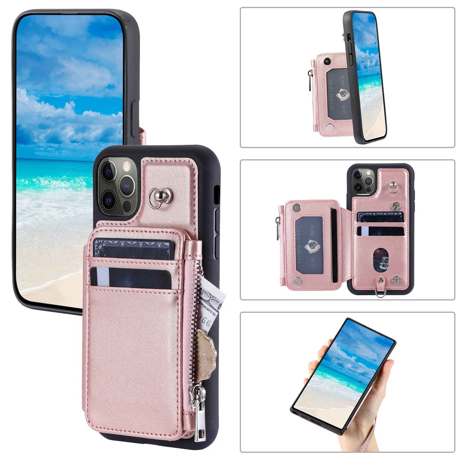 009 Phone Case for iPhone 12 / 12 Pro 6.1 inch , RFID Blocking PU TPU Cover Kickstand Zipper Wallet Shell with Strap