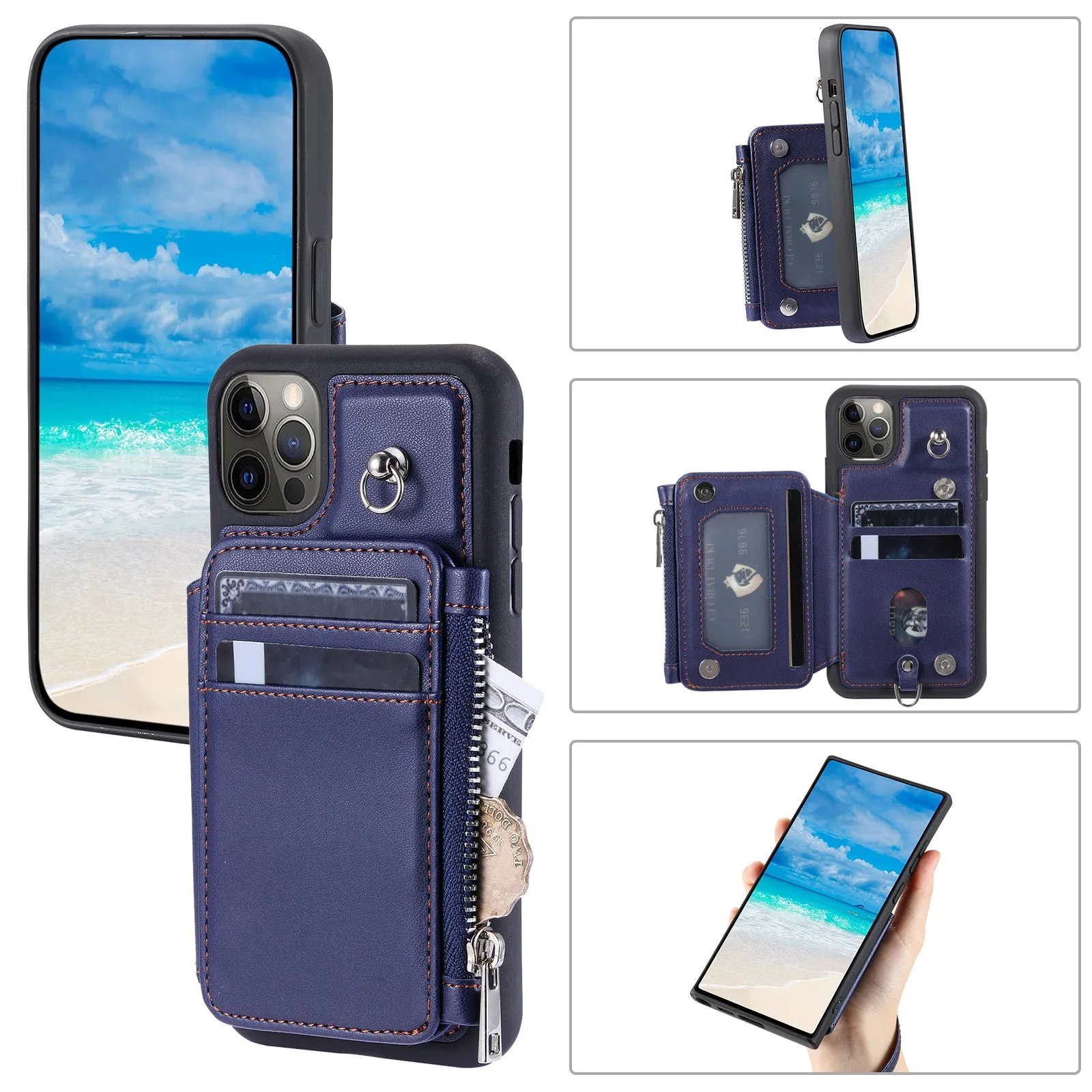 009 Phone Case for iPhone 12 / 12 Pro 6.1 inch , RFID Blocking PU TPU Cover Kickstand Zipper Wallet Shell with Strap