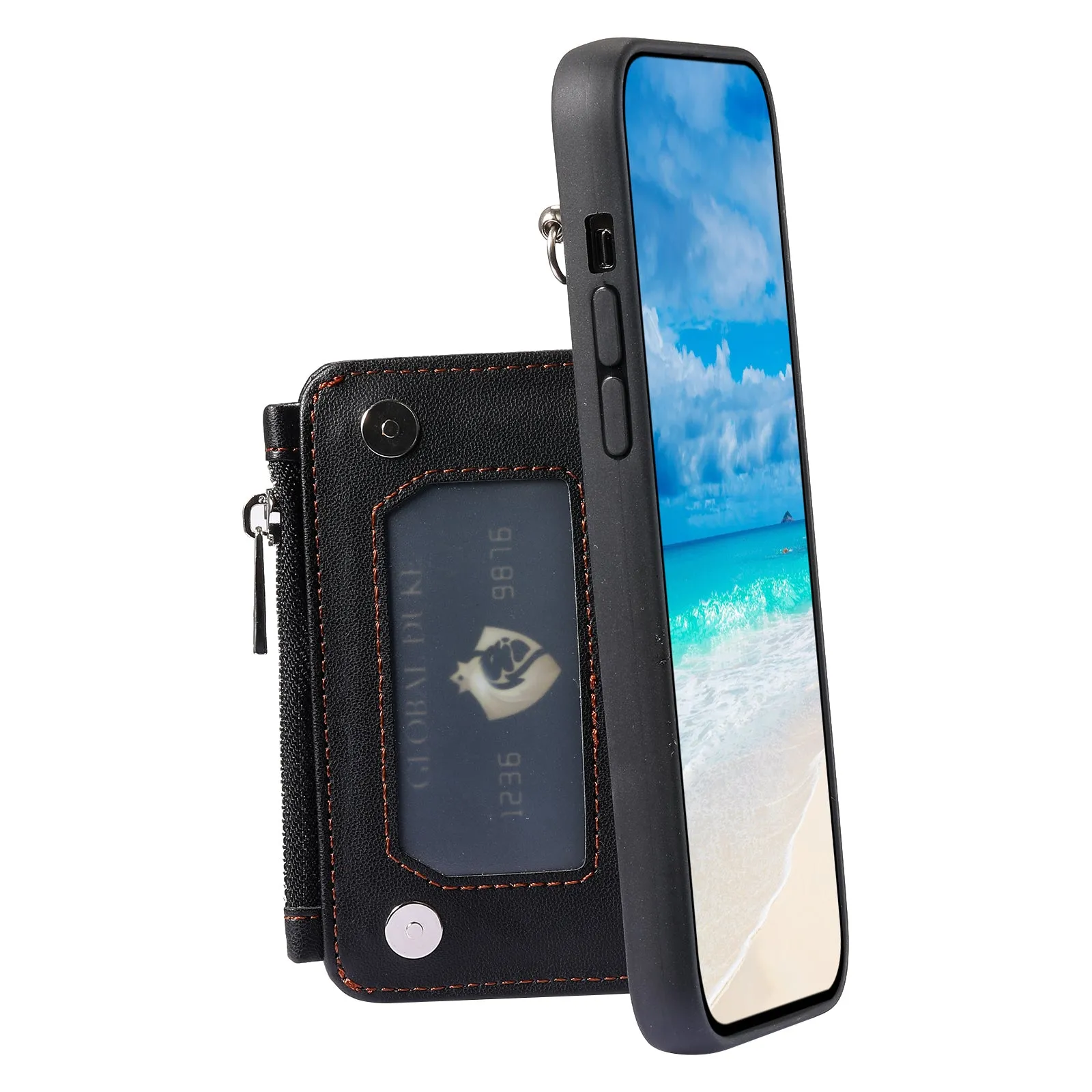 009 Phone Case for iPhone 12 / 12 Pro 6.1 inch , RFID Blocking PU TPU Cover Kickstand Zipper Wallet Shell with Strap