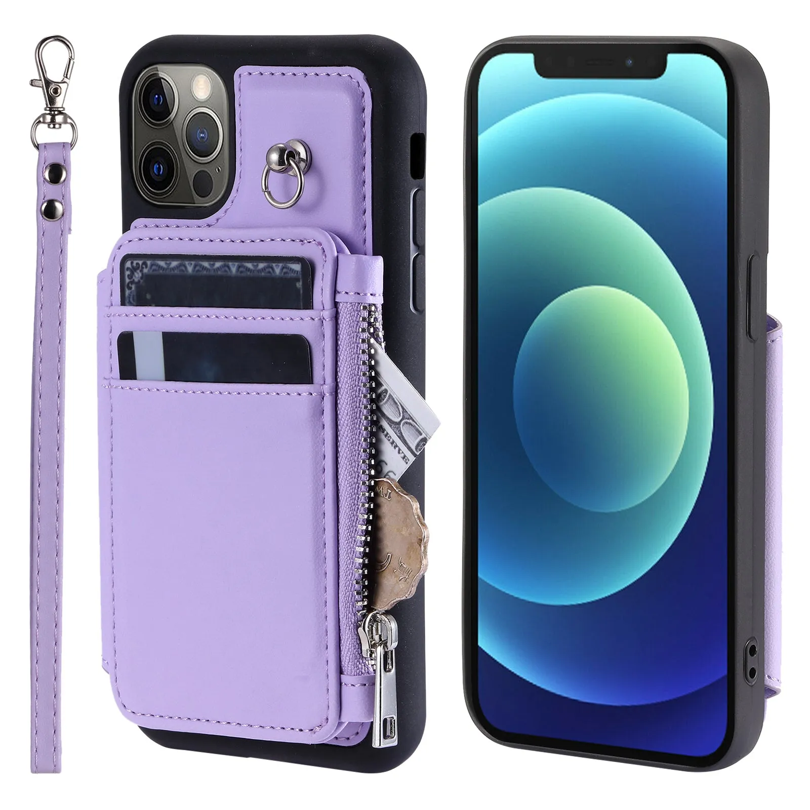 009 Phone Case for iPhone 12 / 12 Pro 6.1 inch , RFID Blocking PU TPU Cover Kickstand Zipper Wallet Shell with Strap