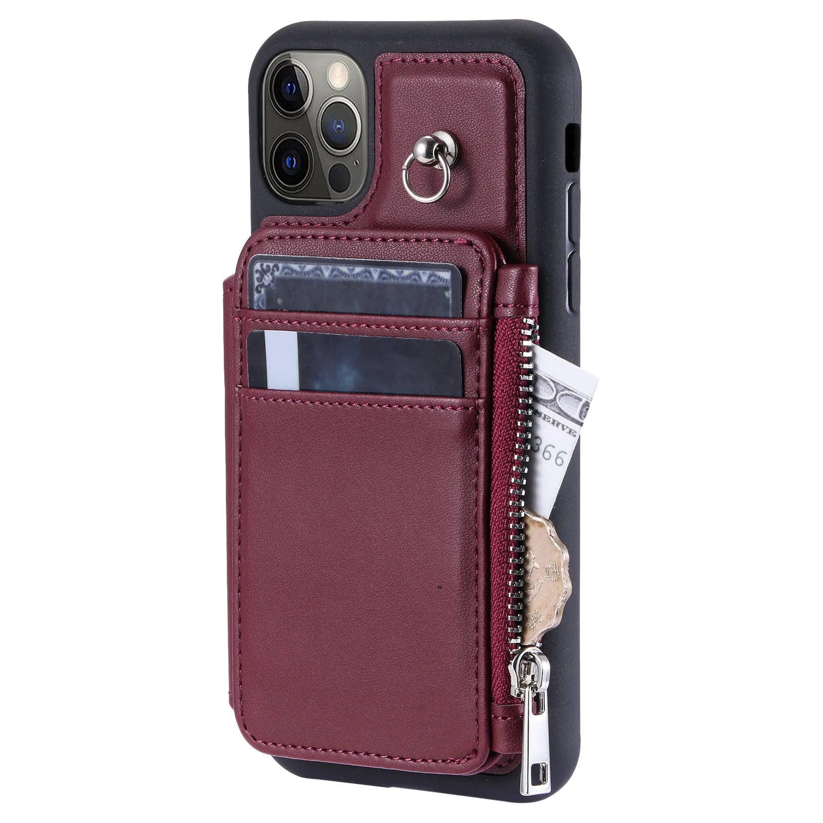 009 Phone Case for iPhone 12 / 12 Pro 6.1 inch , RFID Blocking PU TPU Cover Kickstand Zipper Wallet Shell with Strap