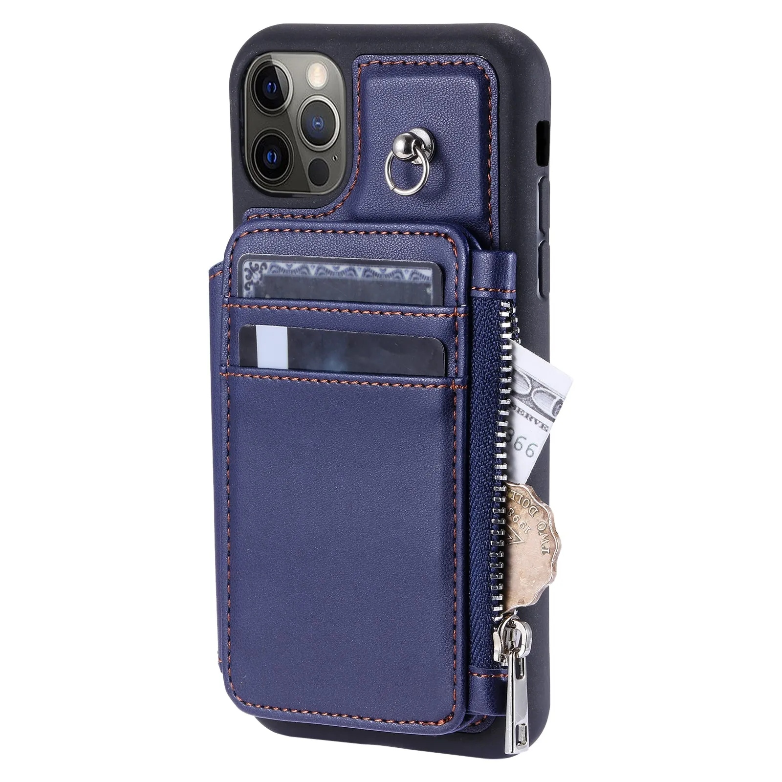 009 Phone Case for iPhone 12 / 12 Pro 6.1 inch , RFID Blocking PU TPU Cover Kickstand Zipper Wallet Shell with Strap