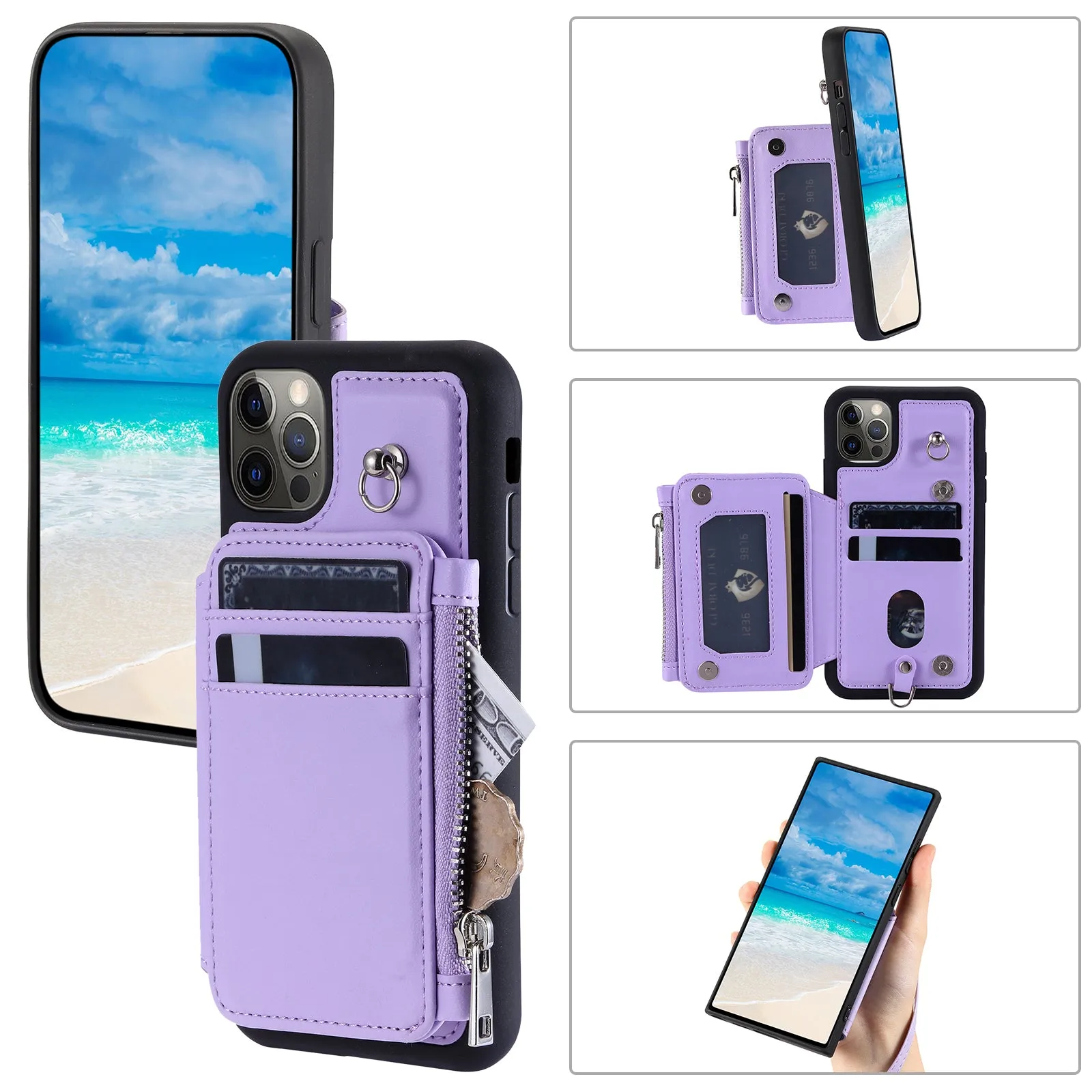 009 Phone Case for iPhone 12 / 12 Pro 6.1 inch , RFID Blocking PU TPU Cover Kickstand Zipper Wallet Shell with Strap