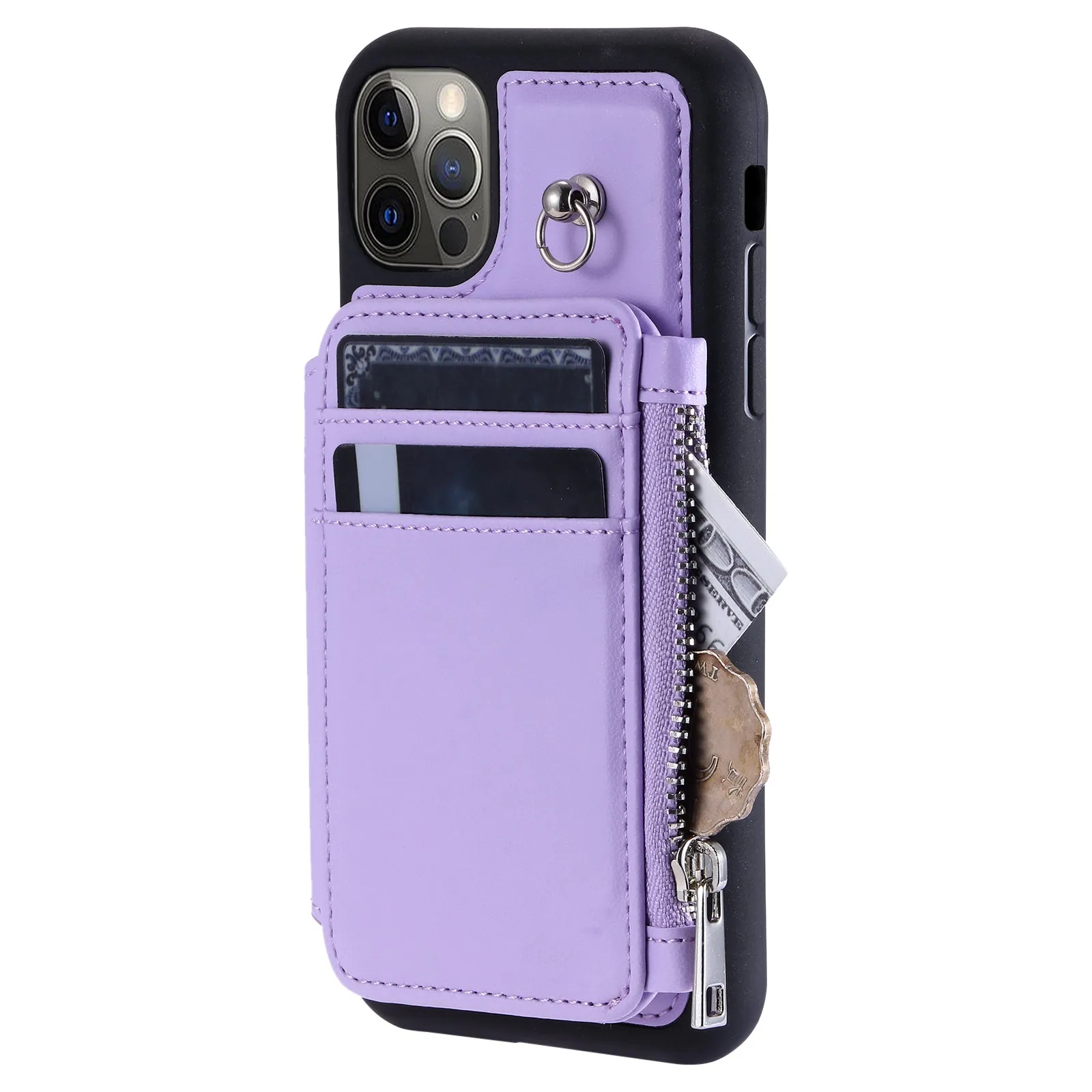 009 Phone Case for iPhone 12 / 12 Pro 6.1 inch , RFID Blocking PU TPU Cover Kickstand Zipper Wallet Shell with Strap
