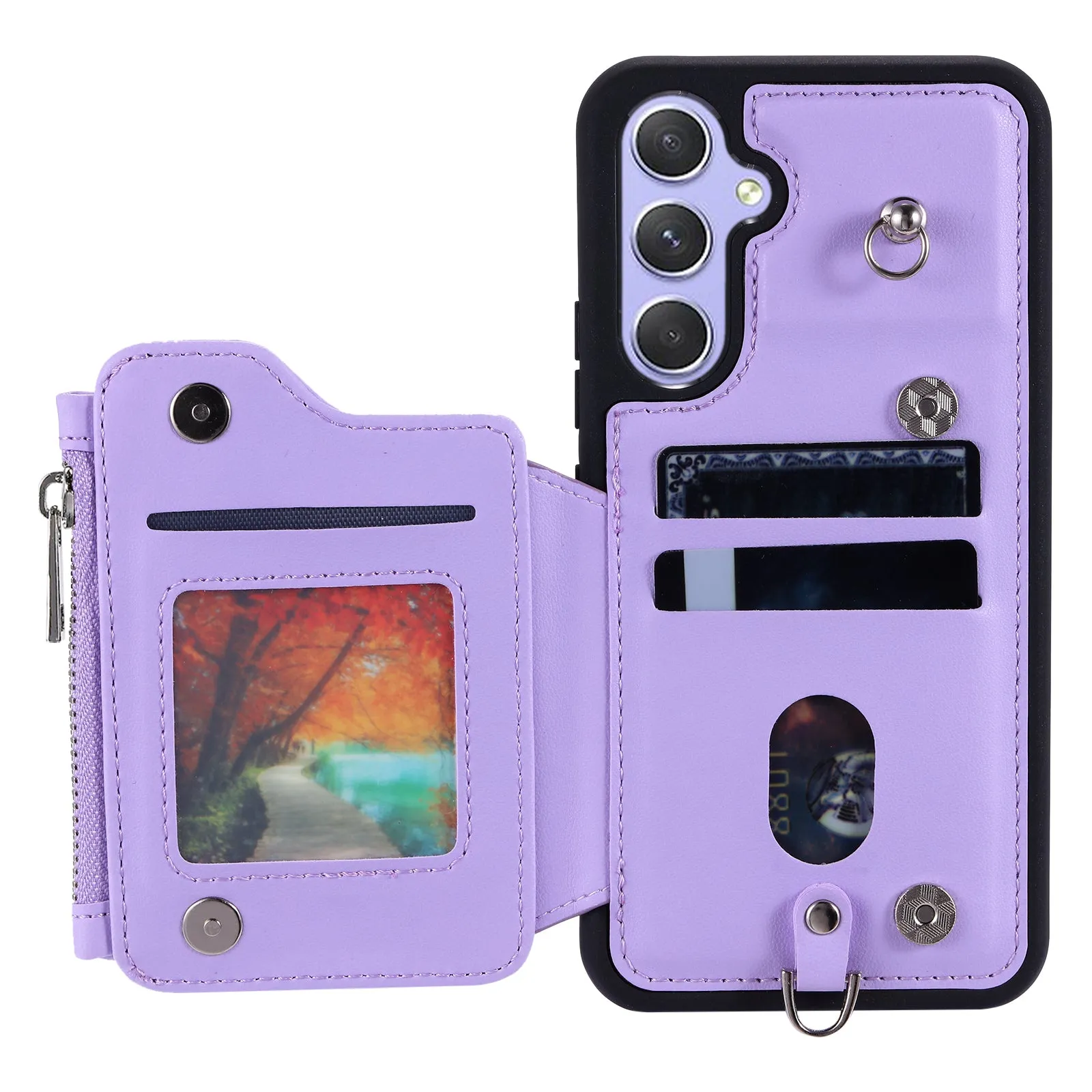 009 Phone Case for Samsung Galaxy A54 5G , RFID Blocking PU TPU Bump Proof Cover Kickstand Zipper Wallet Shell with Strap