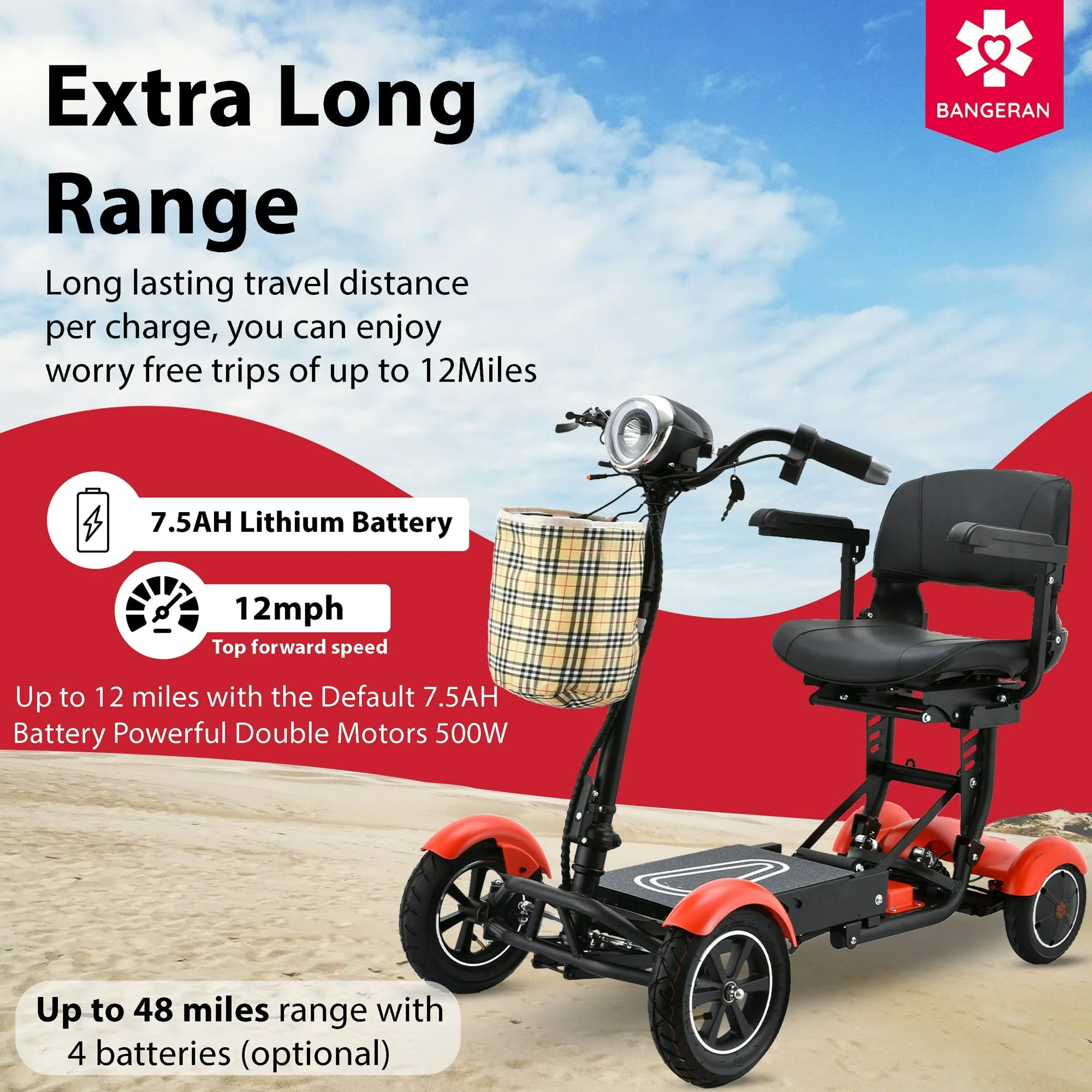 4 Wheel Folding Mobility Scooter for Seniors - Ultra Lightweight, Advanced Motor System, Heavy Duty Portable Scooter (Matte Red)
