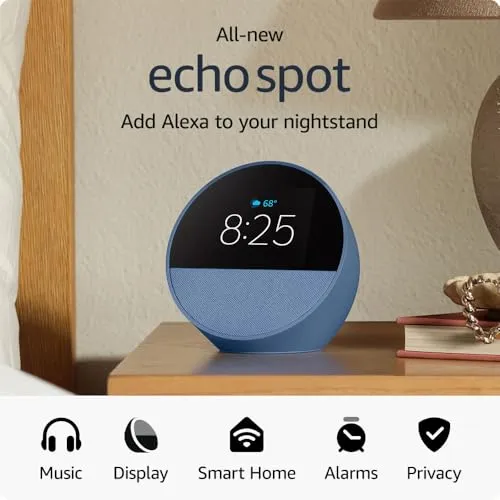 All-new Amazon Echo Spot (2024 release), Smart alarm clock with vibrant sound   Alexa, Ocean Blue