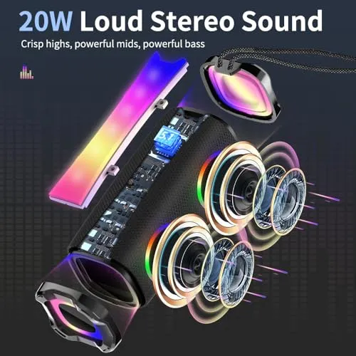 BESNOOW Portable Bluetooth Speaker, IPX7 Waterproof Wireless Speaker with 20W HD Loud Stereo Sound, 18H Playtime Bluetooth Speakers, Bluetooth 5.1, RGB Lights, Outdoor Speaker for Travel/Home/Party