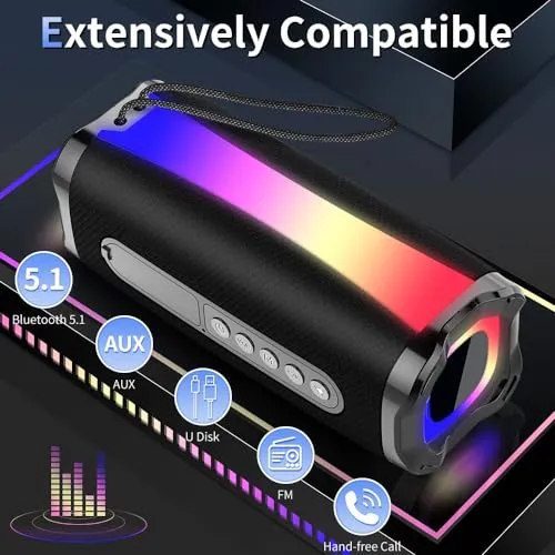 BESNOOW Portable Bluetooth Speaker, IPX7 Waterproof Wireless Speaker with 20W HD Loud Stereo Sound, 18H Playtime Bluetooth Speakers, Bluetooth 5.1, RGB Lights, Outdoor Speaker for Travel/Home/Party