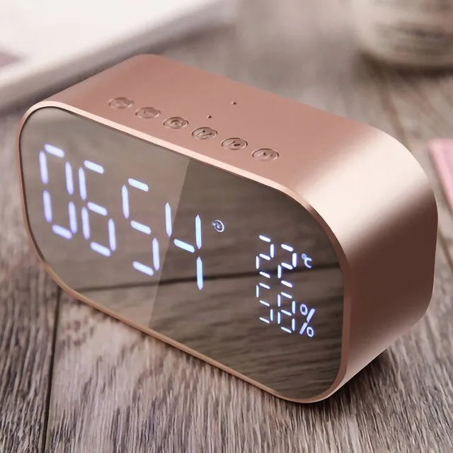 Bluetooth Speaker LED Double Decorated Wood Alarm Clock Wireless Blue Tooth Speakers Subwoofer with Temperature for Home Office
