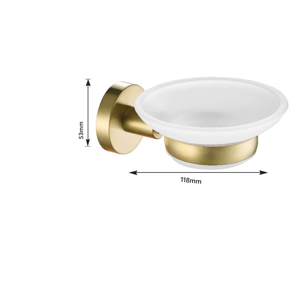 Brushed Brass Bathroom Essentials: Wall Mounted Soap Dish, Towel Rail, Toilet Brush Holder, Toilet Roll Holder, and Douche Shower Kit