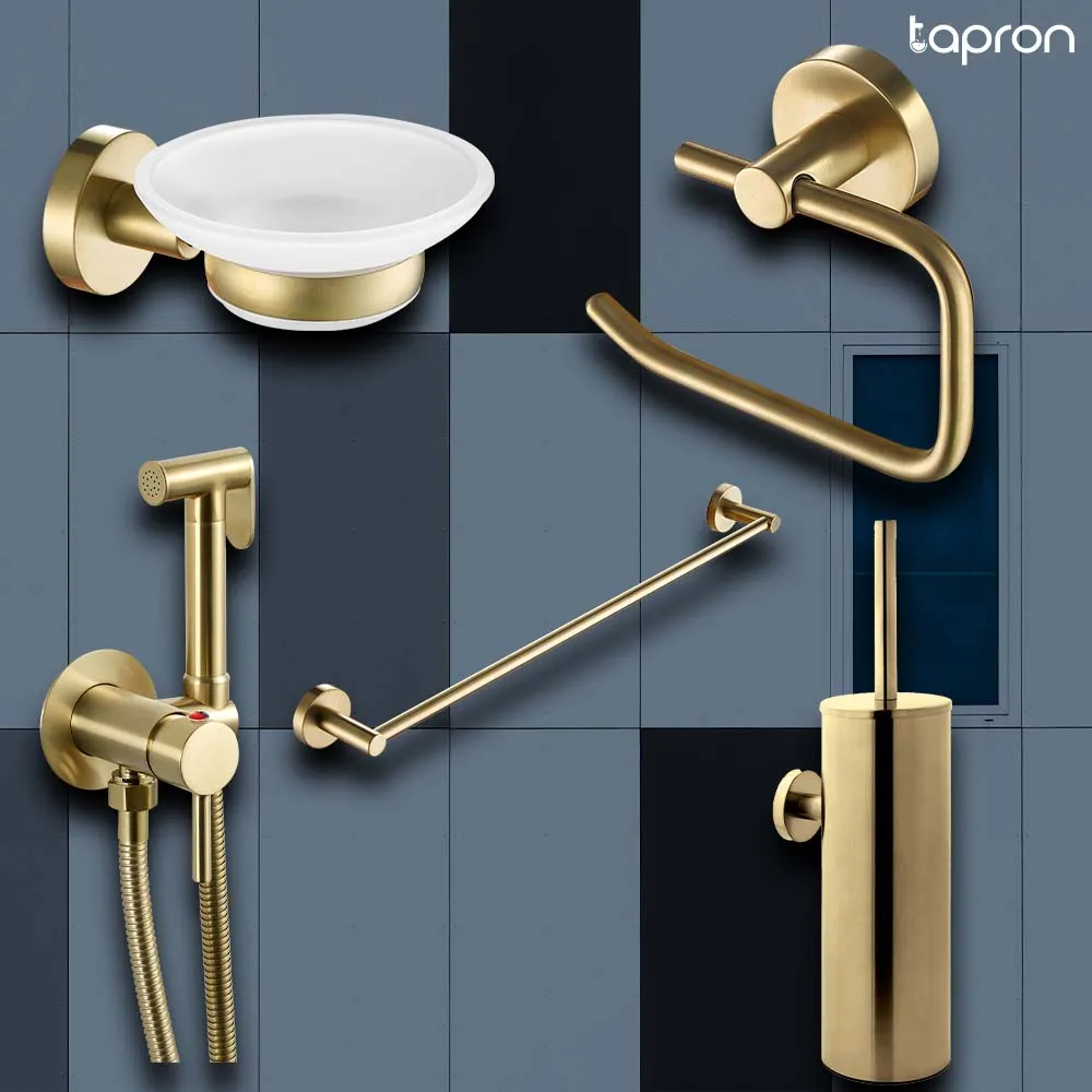 Brushed Brass Bathroom Essentials: Wall Mounted Soap Dish, Towel Rail, Toilet Brush Holder, Toilet Roll Holder, and Douche Shower Kit