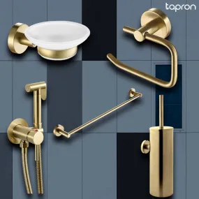 Brushed Brass Bathroom Essentials: Wall Mounted Soap Dish, Towel Rail, Toilet Brush Holder, Toilet Roll Holder, and Douche Shower Kit