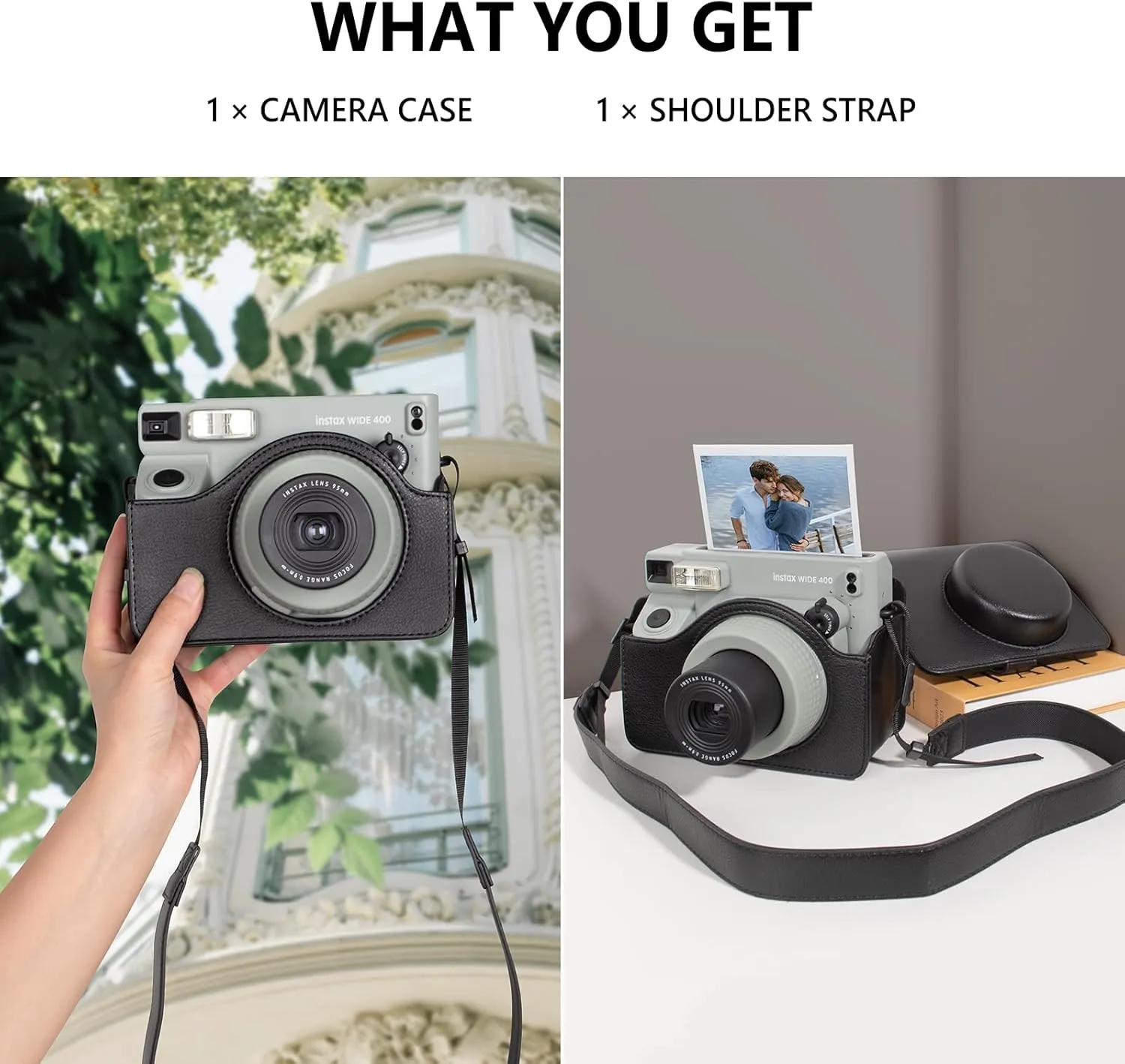 Camera Case for Instax Wide 400 Camera, PU Leather Protective Carrying Camera Bag with Adjustable Shoulder Strap- Black