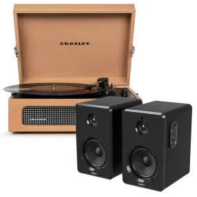 Crosley Voyager Bluetooth Portable Turntable - Tan   Bundled Majority D40 Bluetooth Speakers - Black