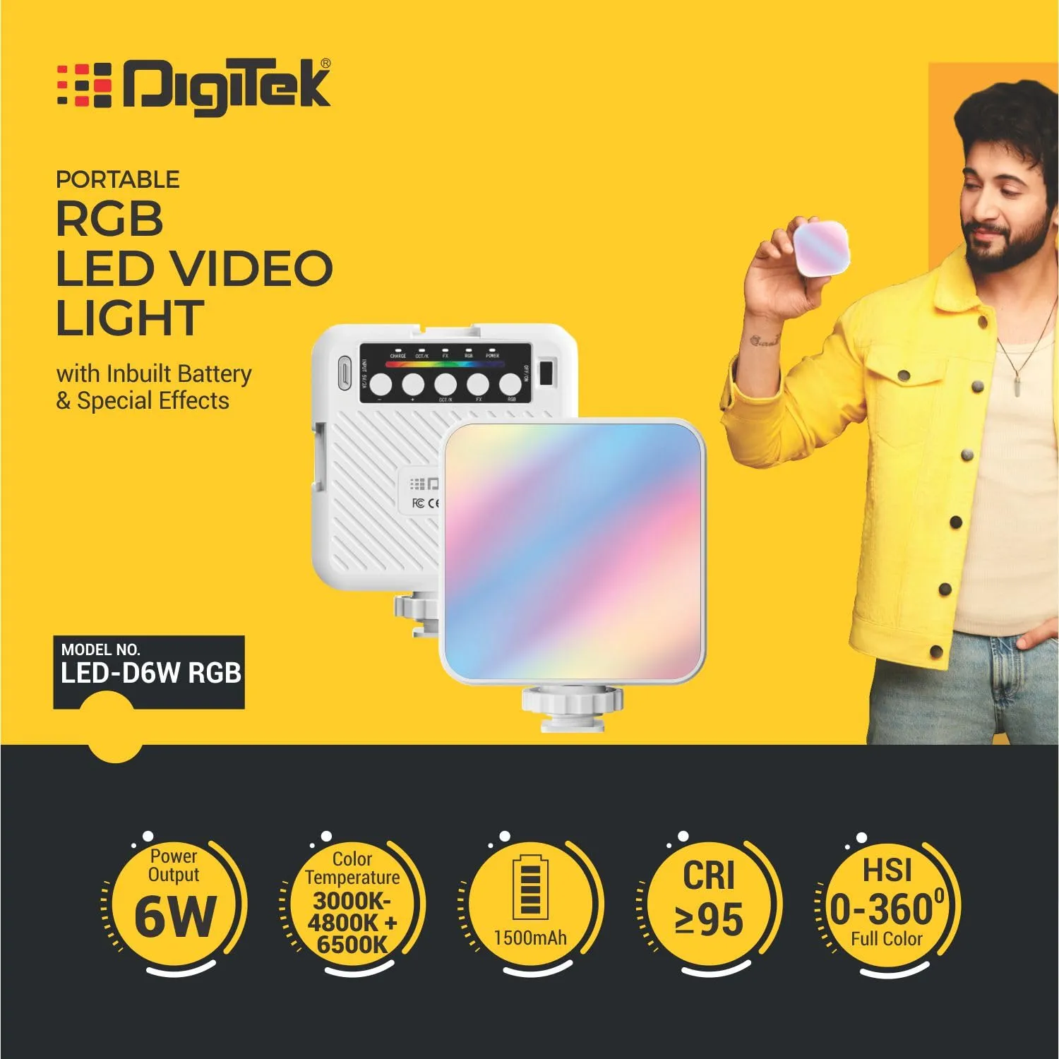 Digitek (LED-D6W RGB) Portable Mini RGB LED Video Light with inbuild Battery & 360° HSI, 3000K-6000K, 8-Level Control, 9 Special FX Modes, Type-C Charging, 2hr Battery, for Photography & Videoshoots