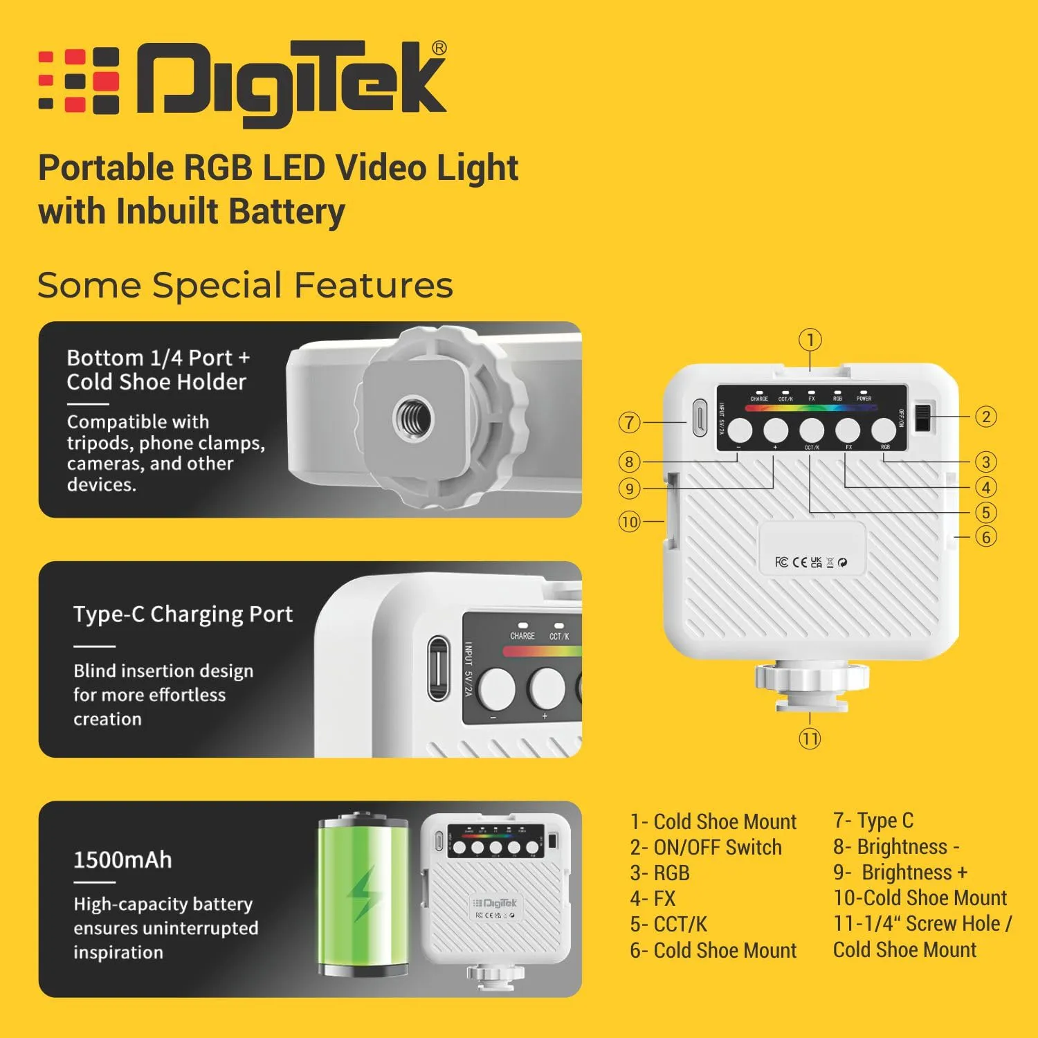 Digitek (LED-D6W RGB) Portable Mini RGB LED Video Light with inbuild Battery & 360° HSI, 3000K-6000K, 8-Level Control, 9 Special FX Modes, Type-C Charging, 2hr Battery, for Photography & Videoshoots