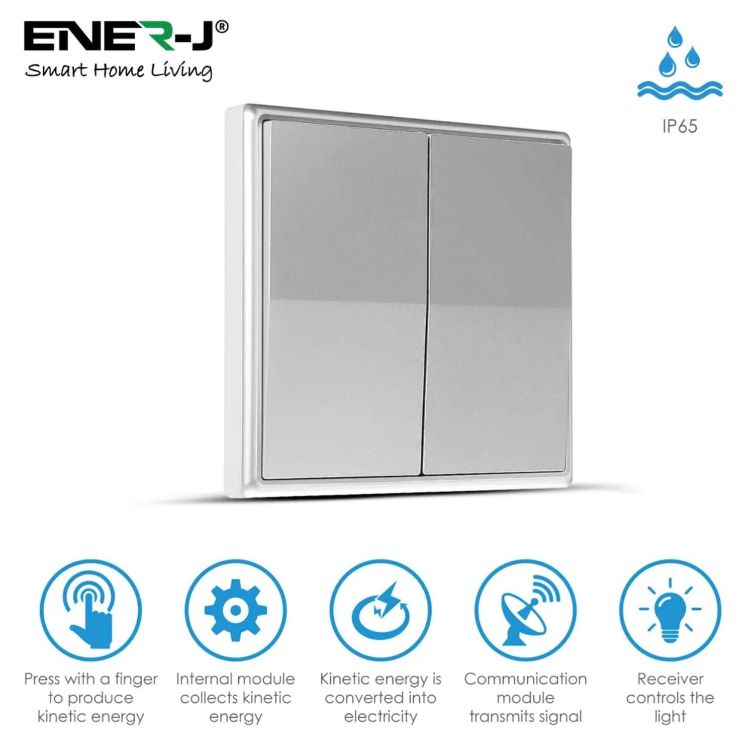ENER-J 2 Gang Wireless Kinetic Switch Non Dimmable (silver body)   2 x 500W RF Receiver