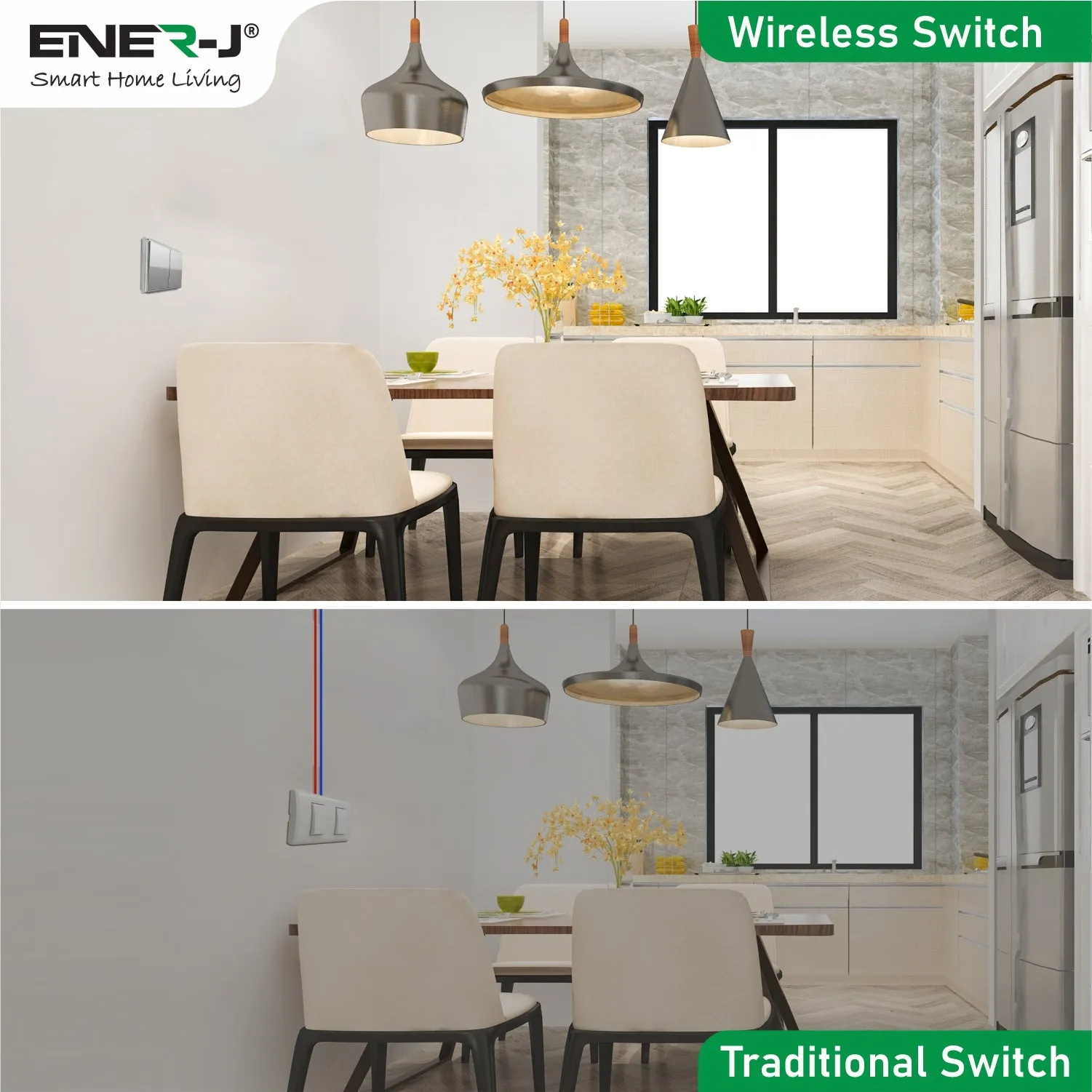 ENER-J 2 Gang Wireless Kinetic Switch Non Dimmable (silver body)   2 x 500W RF Receiver
