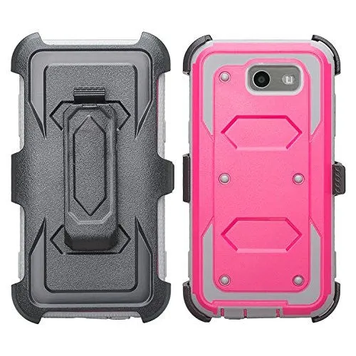 Galaxy J3 Emerge Case, Shockproof Armor   [Temper Glass Screen Protector] Heavy Duty Holster Shell Combo Case for Samsung Galaxy J3 Emerge - Hot Pink