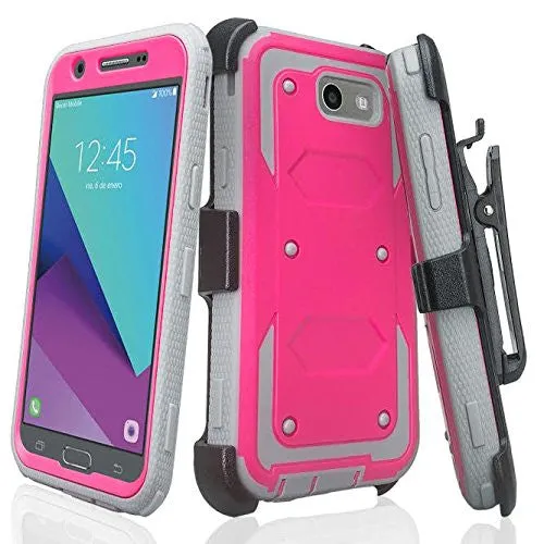 Galaxy J3 Emerge Case, Shockproof Armor   [Temper Glass Screen Protector] Heavy Duty Holster Shell Combo Case for Samsung Galaxy J3 Emerge - Hot Pink
