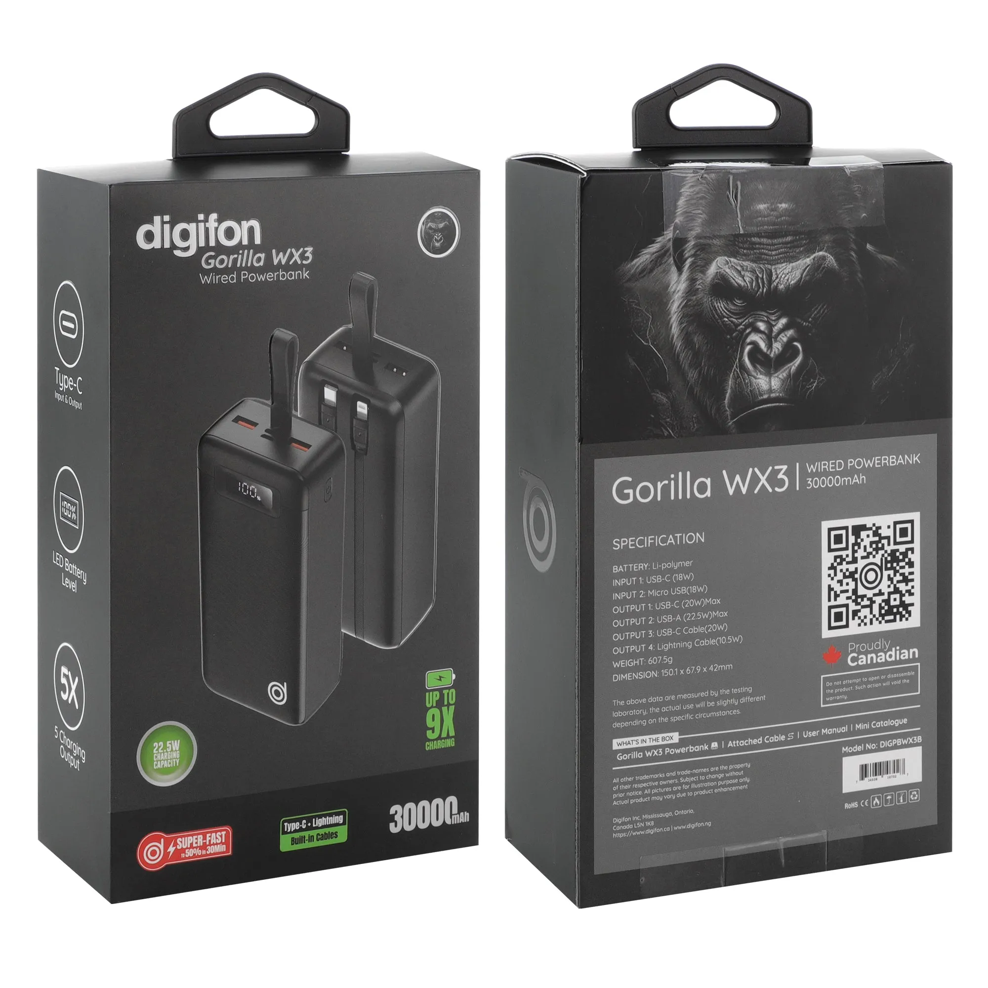 Gorilla WX3 30,000mAh Super-fast Charging 22.5W Wired Power Bank - digifon