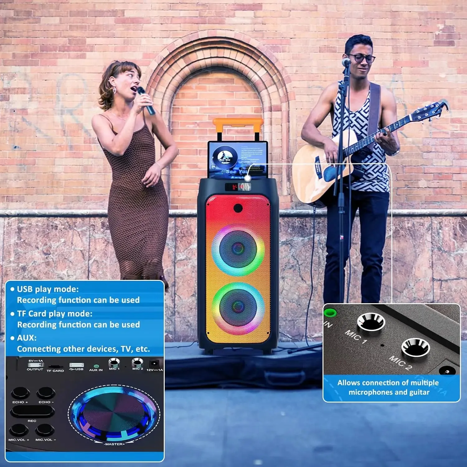HWWR Karaoke Machine with 2 Wireless Microphones, Portable Bluetooth Karaoke Speaker for Outdoor, Big Party PA System with Disco