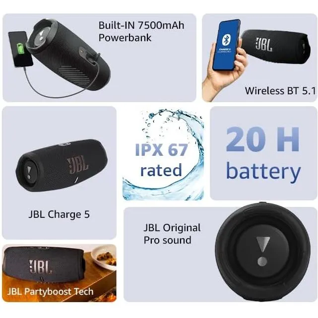 JBL Charge 5 Portable Bluetooth Speaker – Deep Bass, IP67 Waterproof & Dustproof, 20 Hours Playtime, Built-In Powerbank, Black