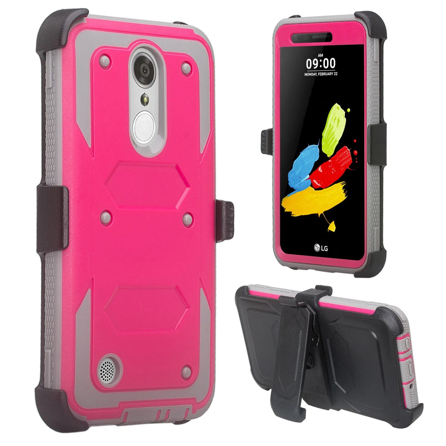 LG Aristo Case, K4 2017, K8 2017, Risio 2, Phoenix 3, Fortune, Triple Protection 3-1 w/ Built in Screen Protector Heavy Duty Holster Shell Combo Case - Hot Pink