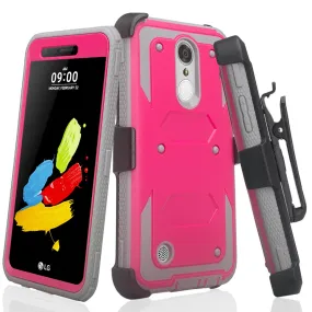 LG Aristo Case, K4 2017, K8 2017, Risio 2, Phoenix 3, Fortune, Triple Protection 3-1 w/ Built in Screen Protector Heavy Duty Holster Shell Combo Case - Hot Pink