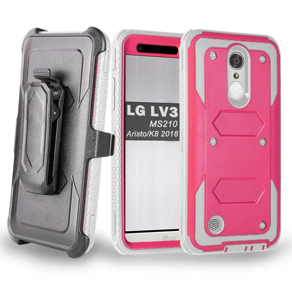 LG Aristo Case, K4 2017, K8 2017, Risio 2, Phoenix 3, Fortune, Triple Protection 3-1 w/ Built in Screen Protector Heavy Duty Holster Shell Combo Case - Hot Pink