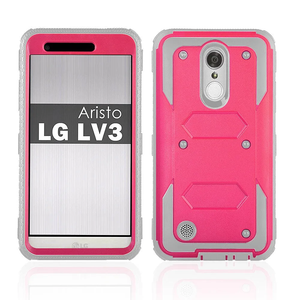 LG Aristo Case, K4 2017, K8 2017, Risio 2, Phoenix 3, Fortune, Triple Protection 3-1 w/ Built in Screen Protector Heavy Duty Holster Shell Combo Case - Hot Pink