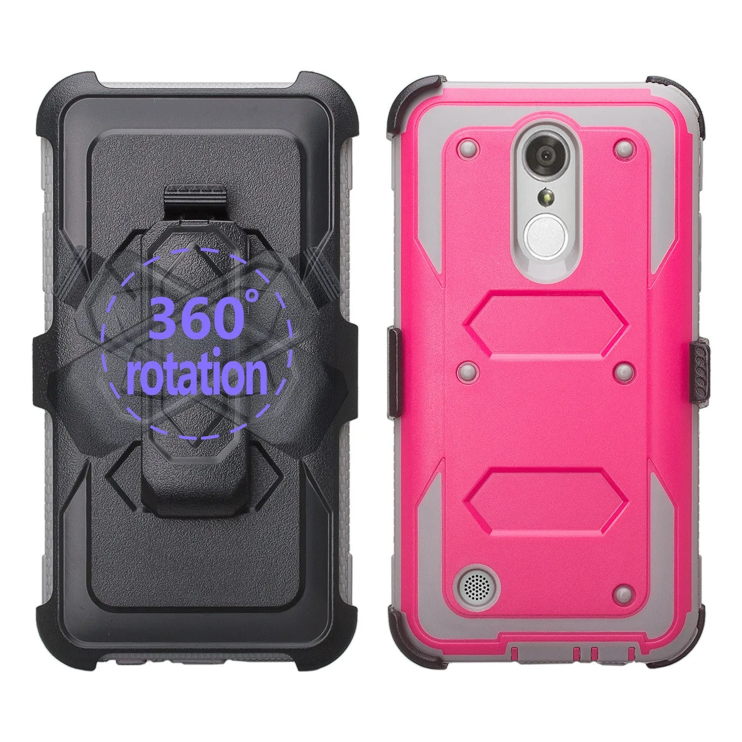 LG Aristo Case, K4 2017, K8 2017, Risio 2, Phoenix 3, Fortune, Triple Protection 3-1 w/ Built in Screen Protector Heavy Duty Holster Shell Combo Case - Hot Pink